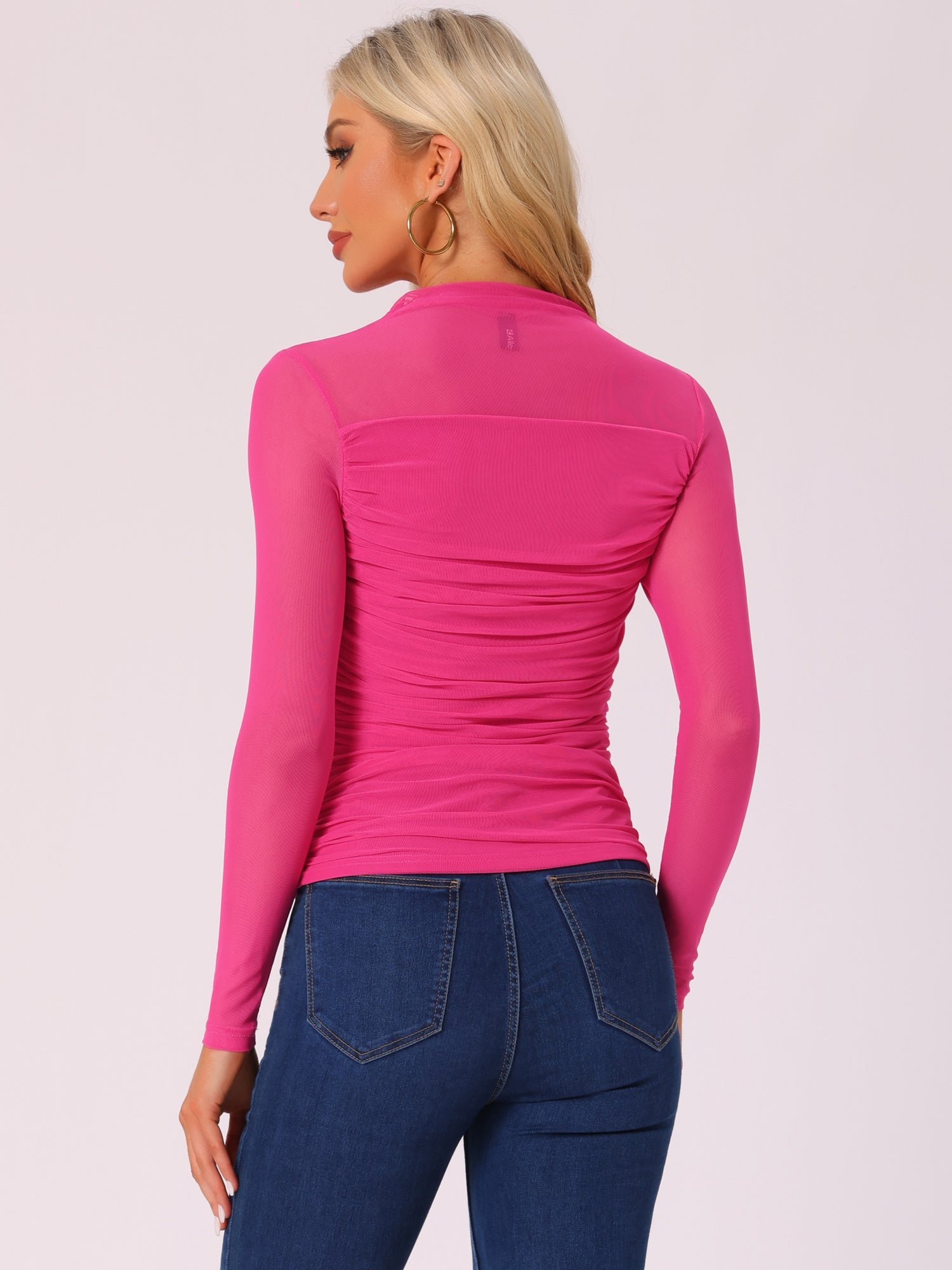 Mesh Solid Long Sleeve Mock Neck Sheer Panel Side Shirring Top