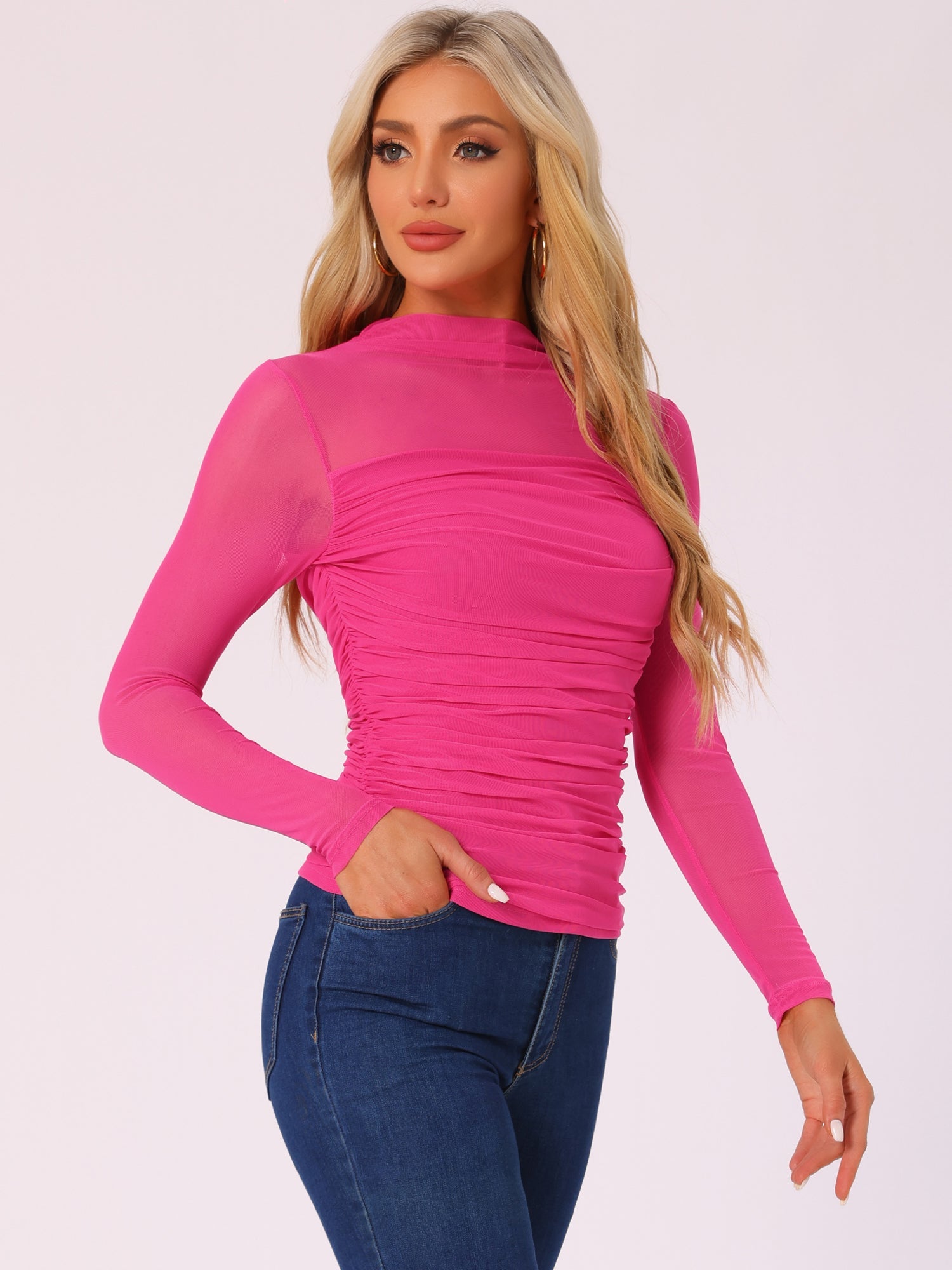 Mesh Solid Long Sleeve Mock Neck Sheer Panel Side Shirring Top
