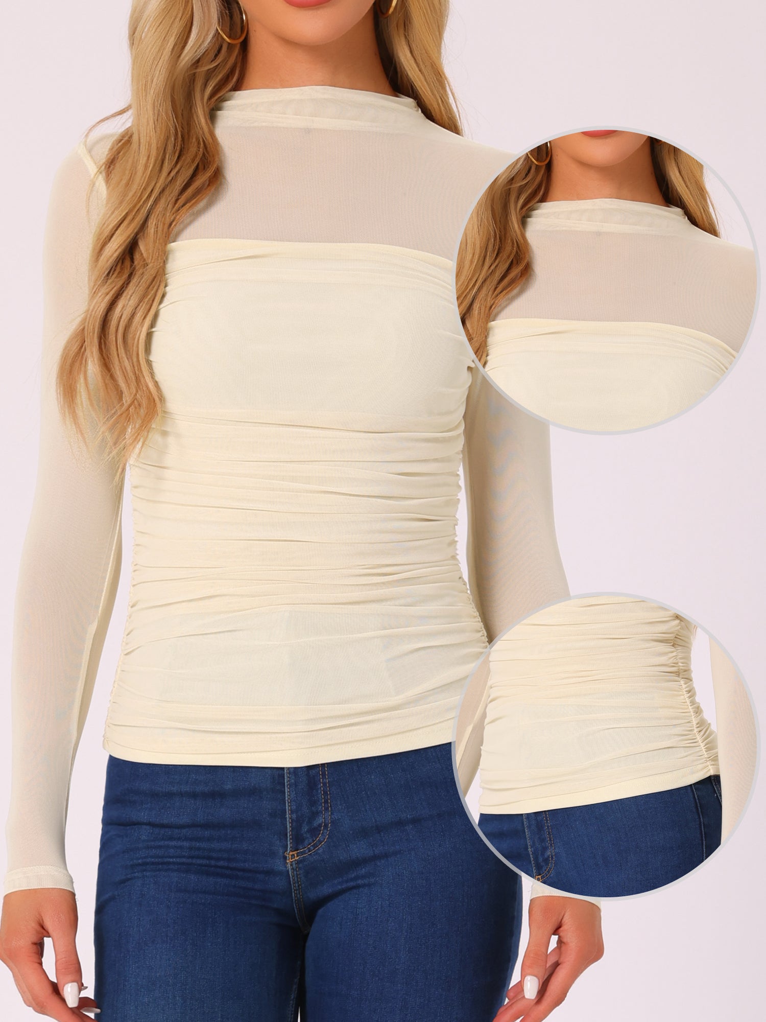 Mesh Solid Long Sleeve Mock Neck Sheer Panel Side Shirring Top