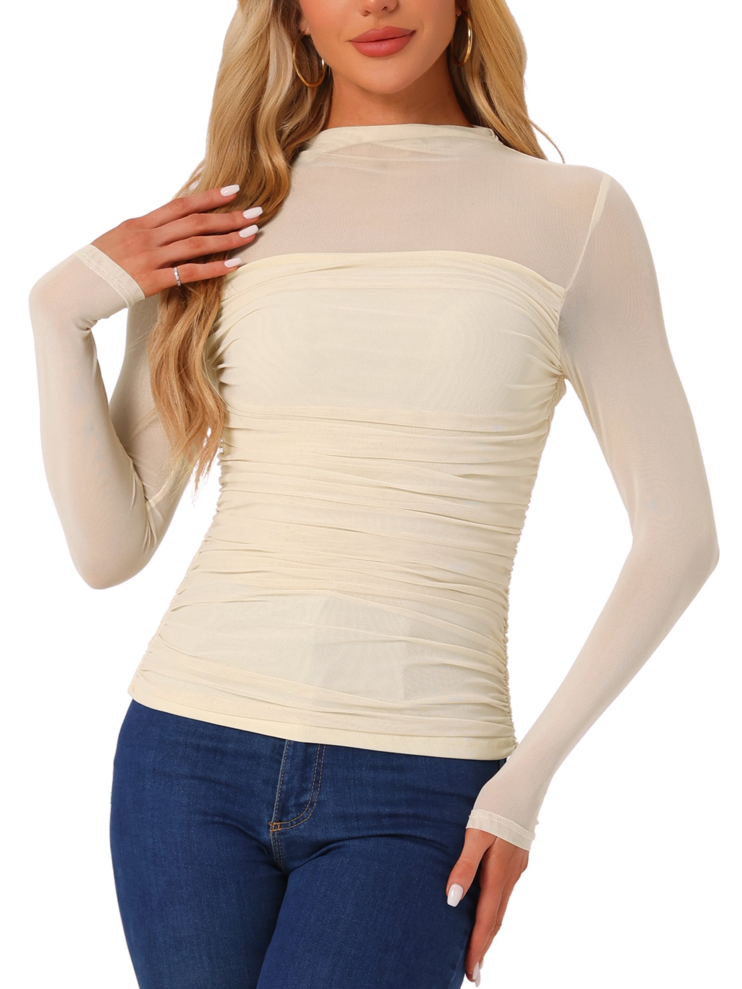 Mesh Solid Long Sleeve Mock Neck Sheer Panel Side Shirring Top