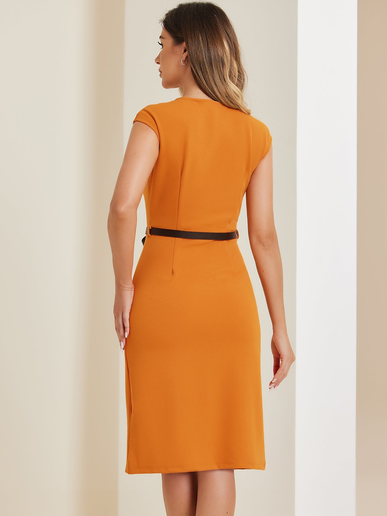 Elegant Business Cap Sleeve Belted Pencil Work Sheath Dress