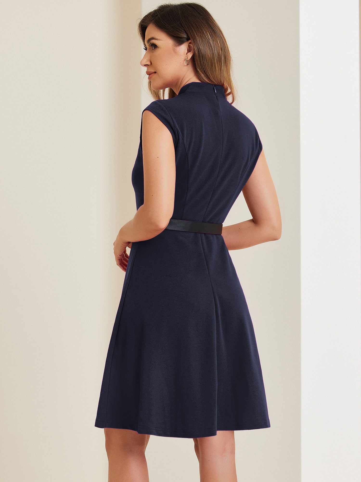 Office V Neck Work Sleeveless A-line Midi Solid Belted Dress
