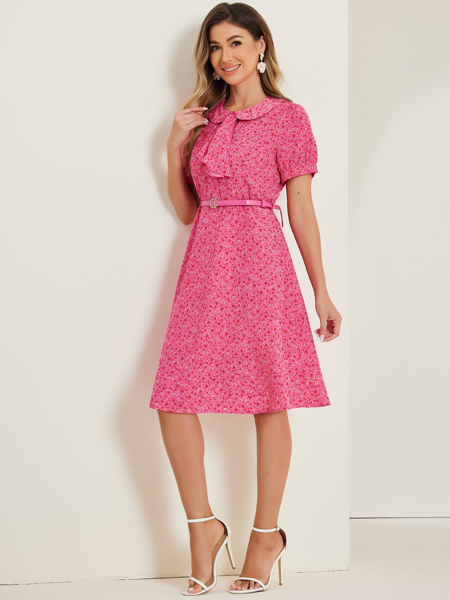 Peter Pan Collar Tie Neck Short Sleeve A-Line Belted Floral Dress