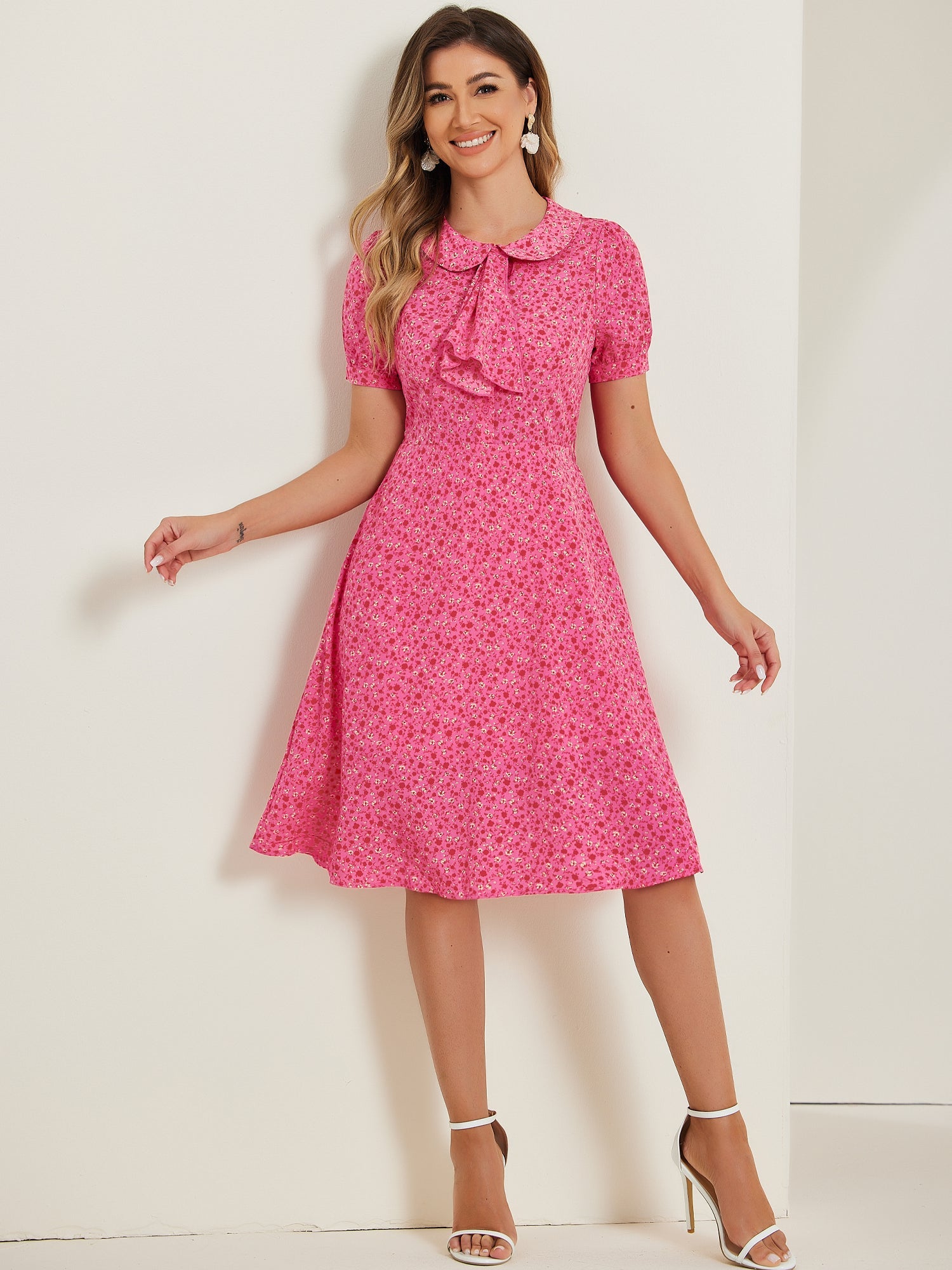 Peter Pan Collar Tie Neck Short Sleeve A-Line Belted Floral Dress