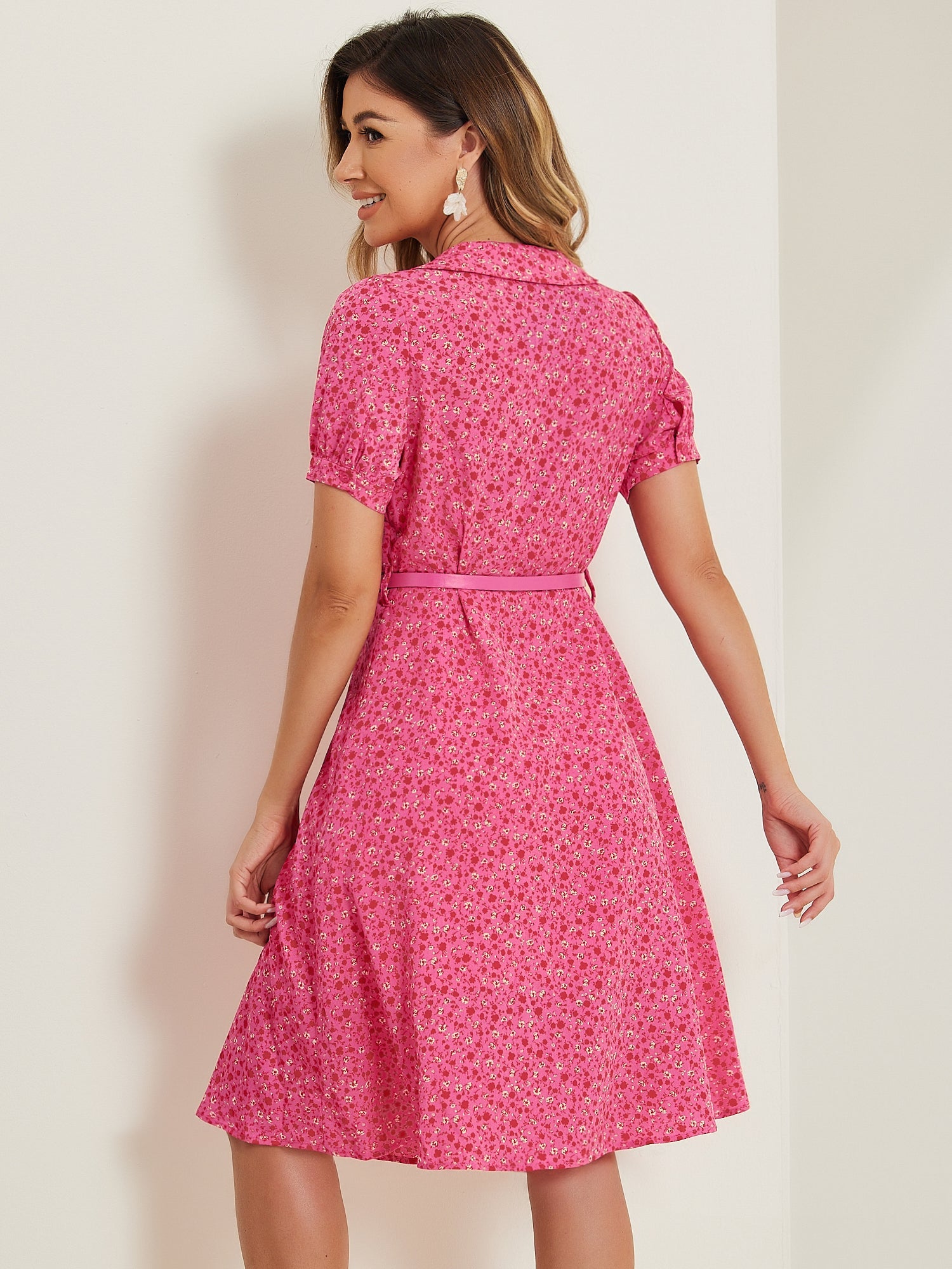 Peter Pan Collar Tie Neck Short Sleeve A-Line Belted Floral Dress