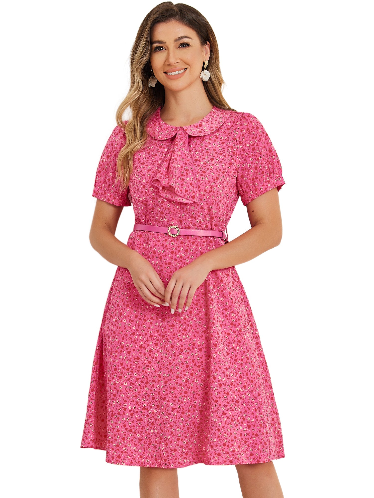 Peter Pan Collar Tie Neck Short Sleeve A-Line Belted Floral Dress