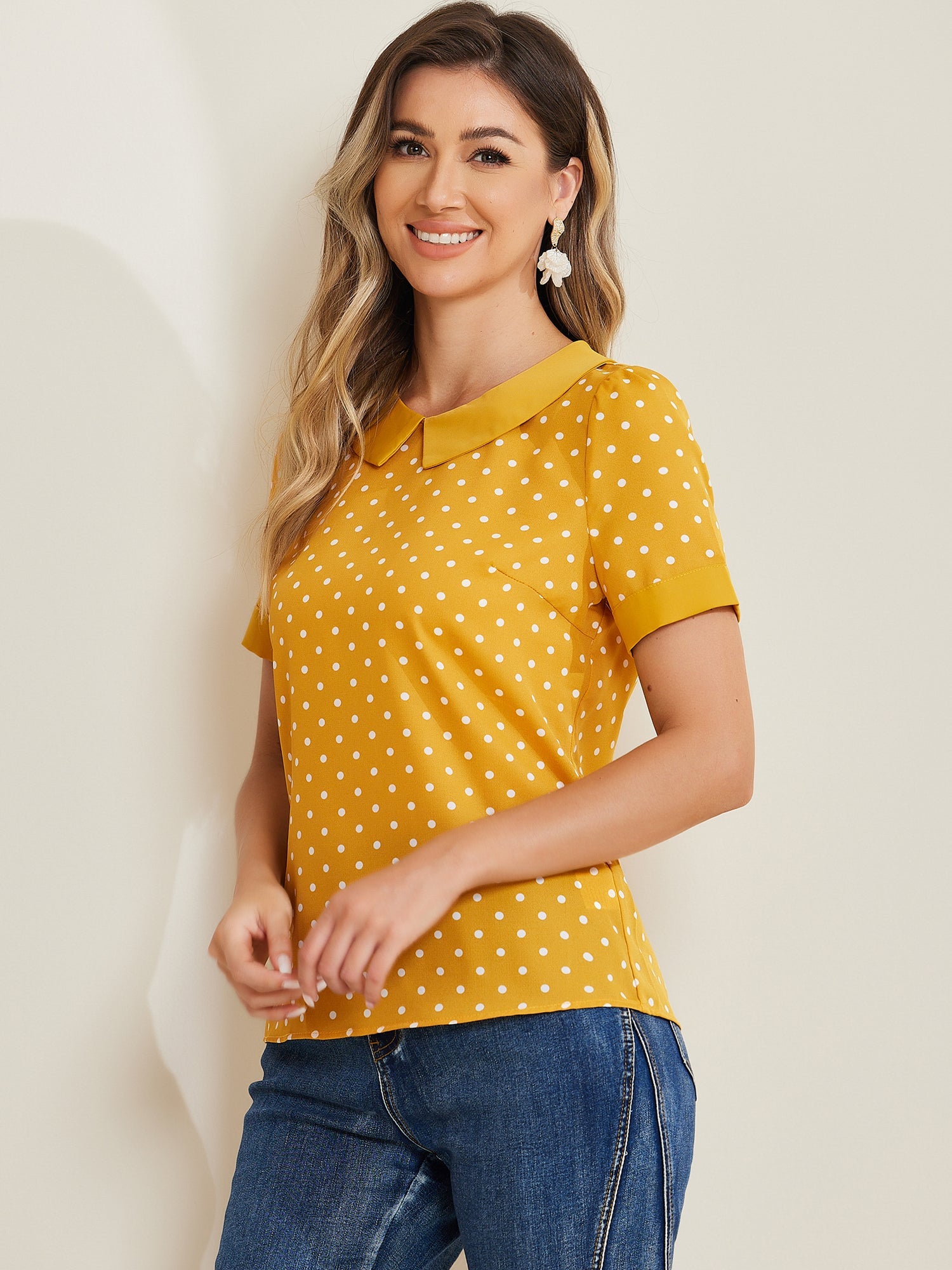 Peter Pan Collar Vintage Polka Dots Short Sleeves Blouse