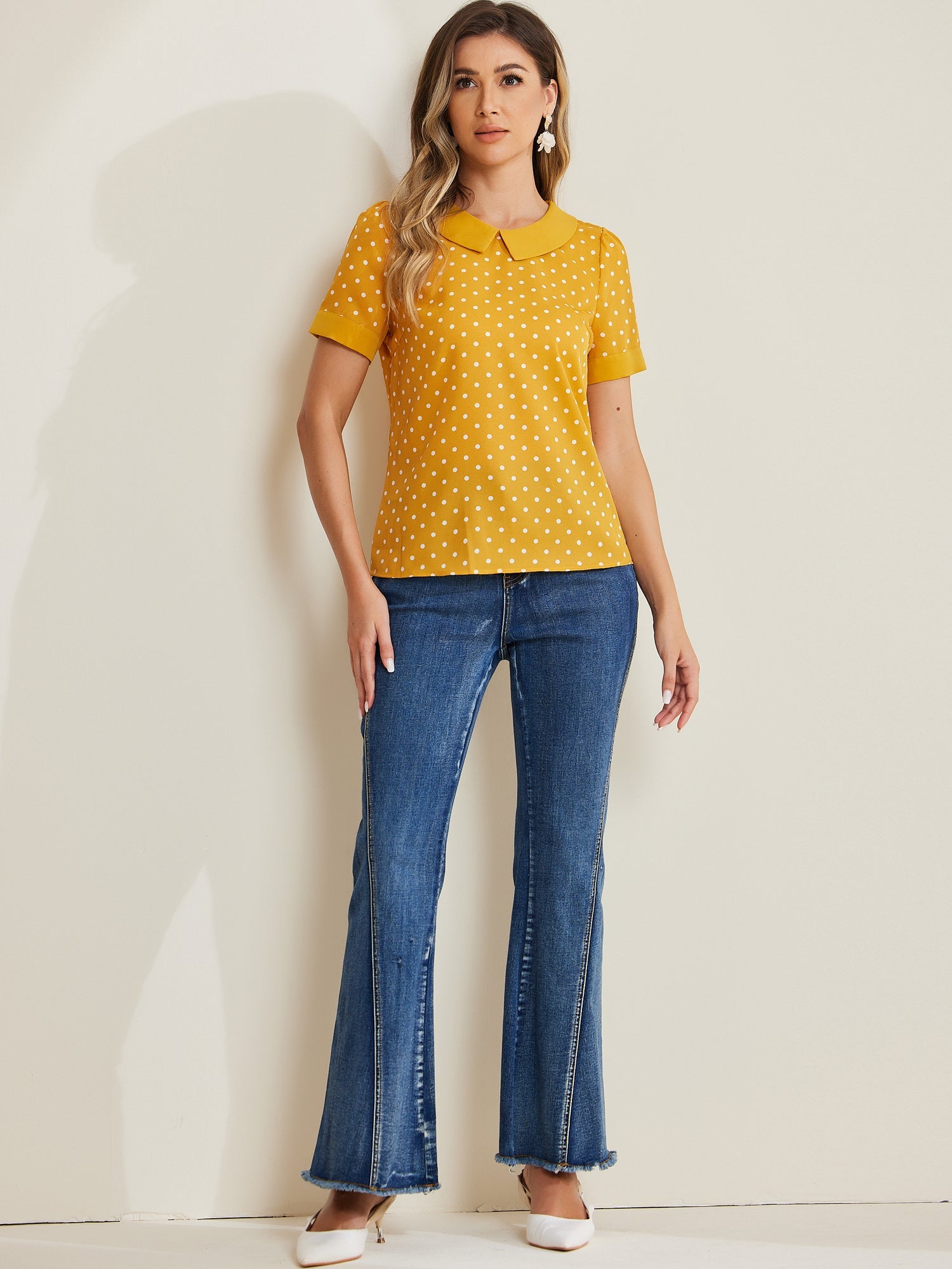 Peter Pan Collar Vintage Polka Dots Short Sleeves Blouse