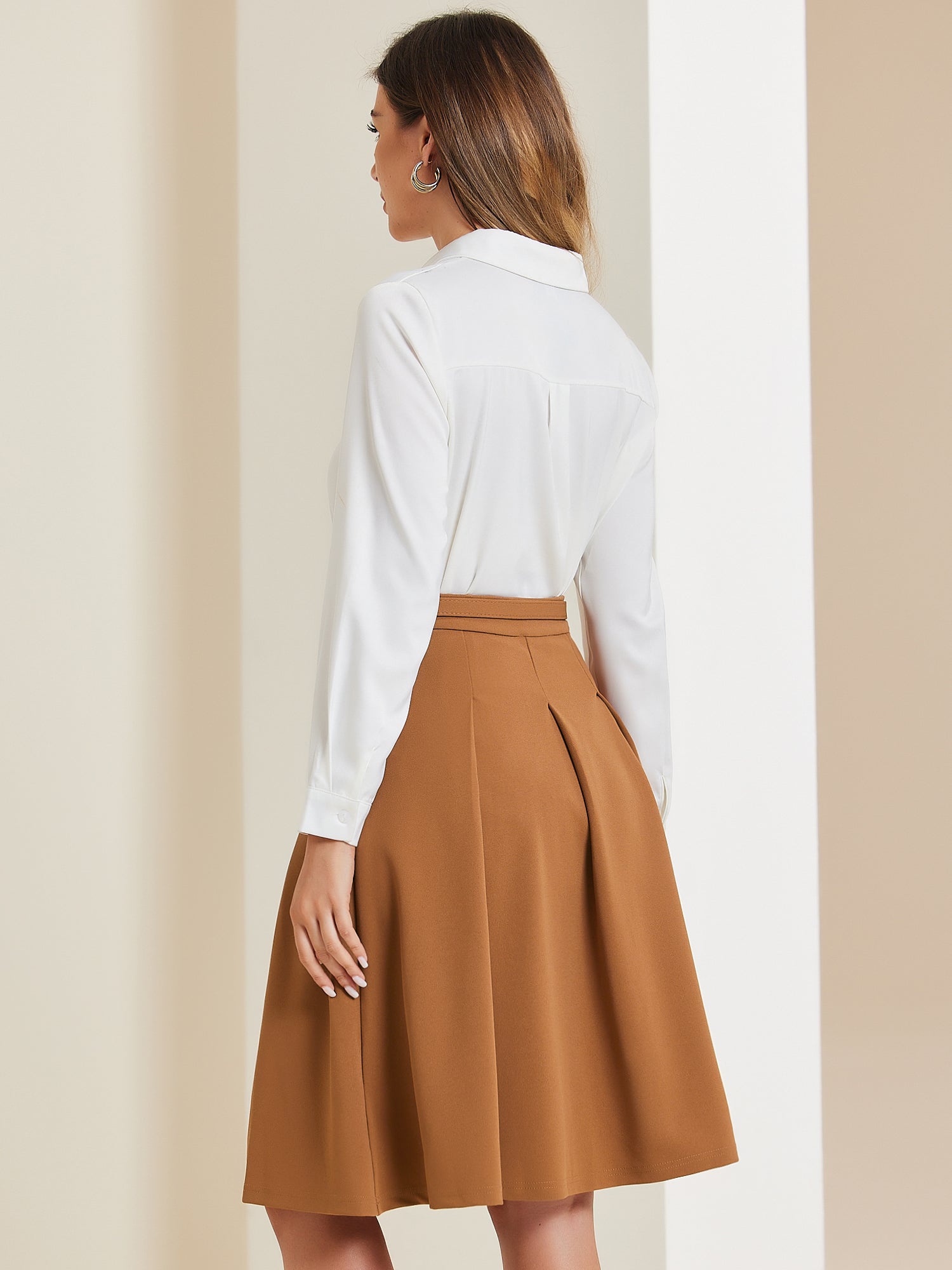 Women's A-Line Belted Waist Casual Midi Flare Pleated Skirt