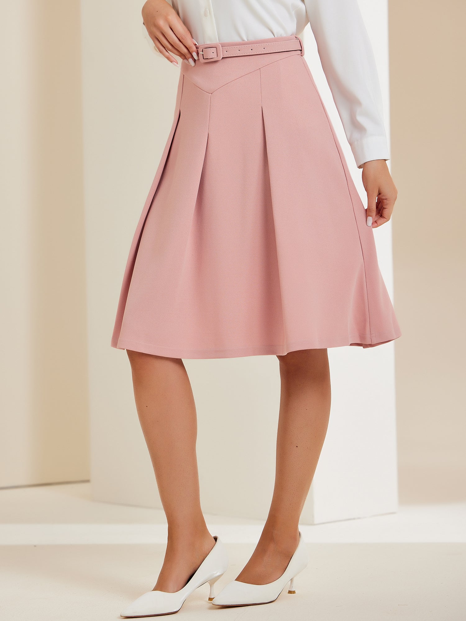 Women's A-Line Belted Waist Casual Midi Flare Pleated Skirt