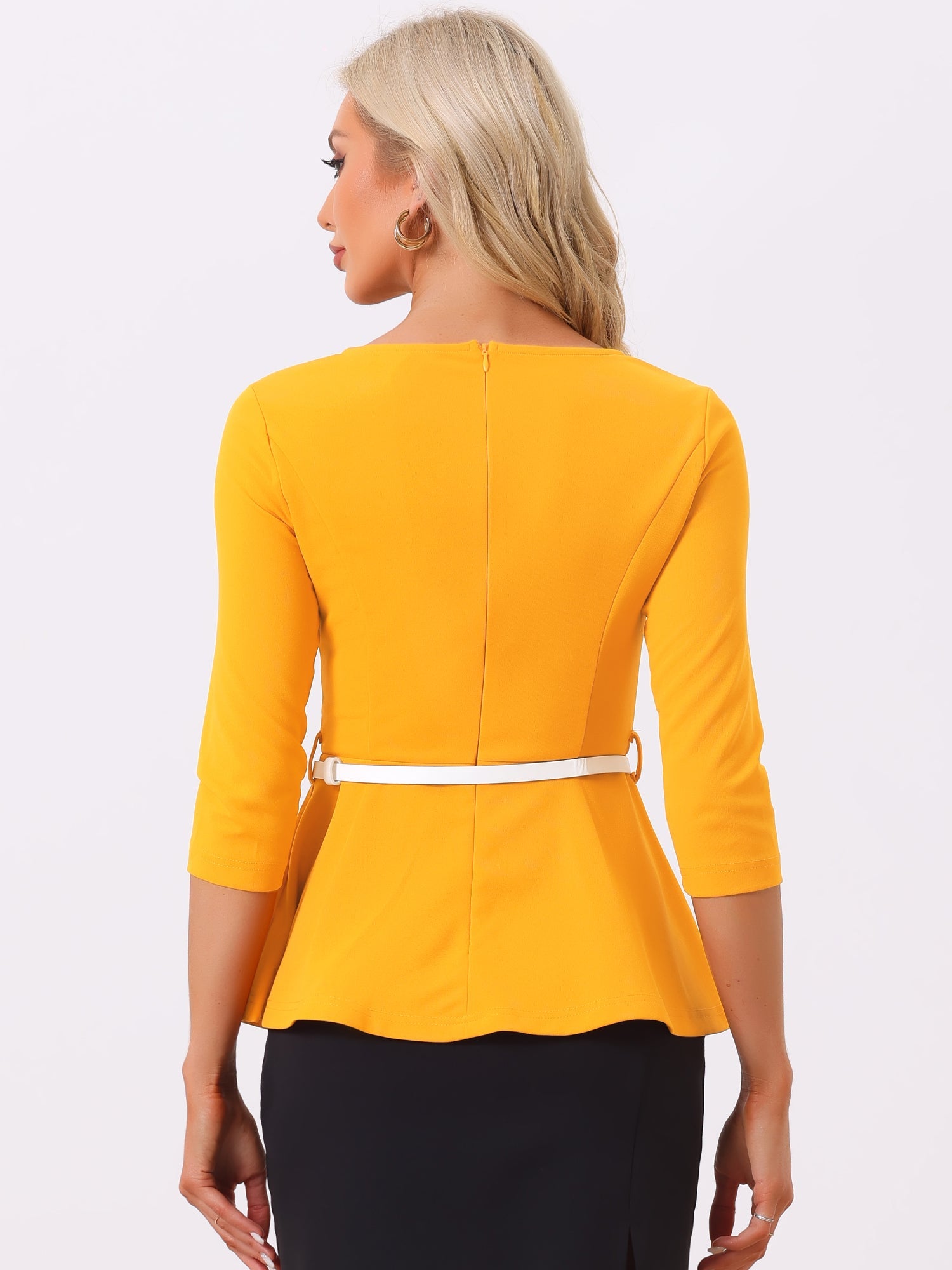 3/4 Sleeve Belted Peplum Elegant Business Work Blouse