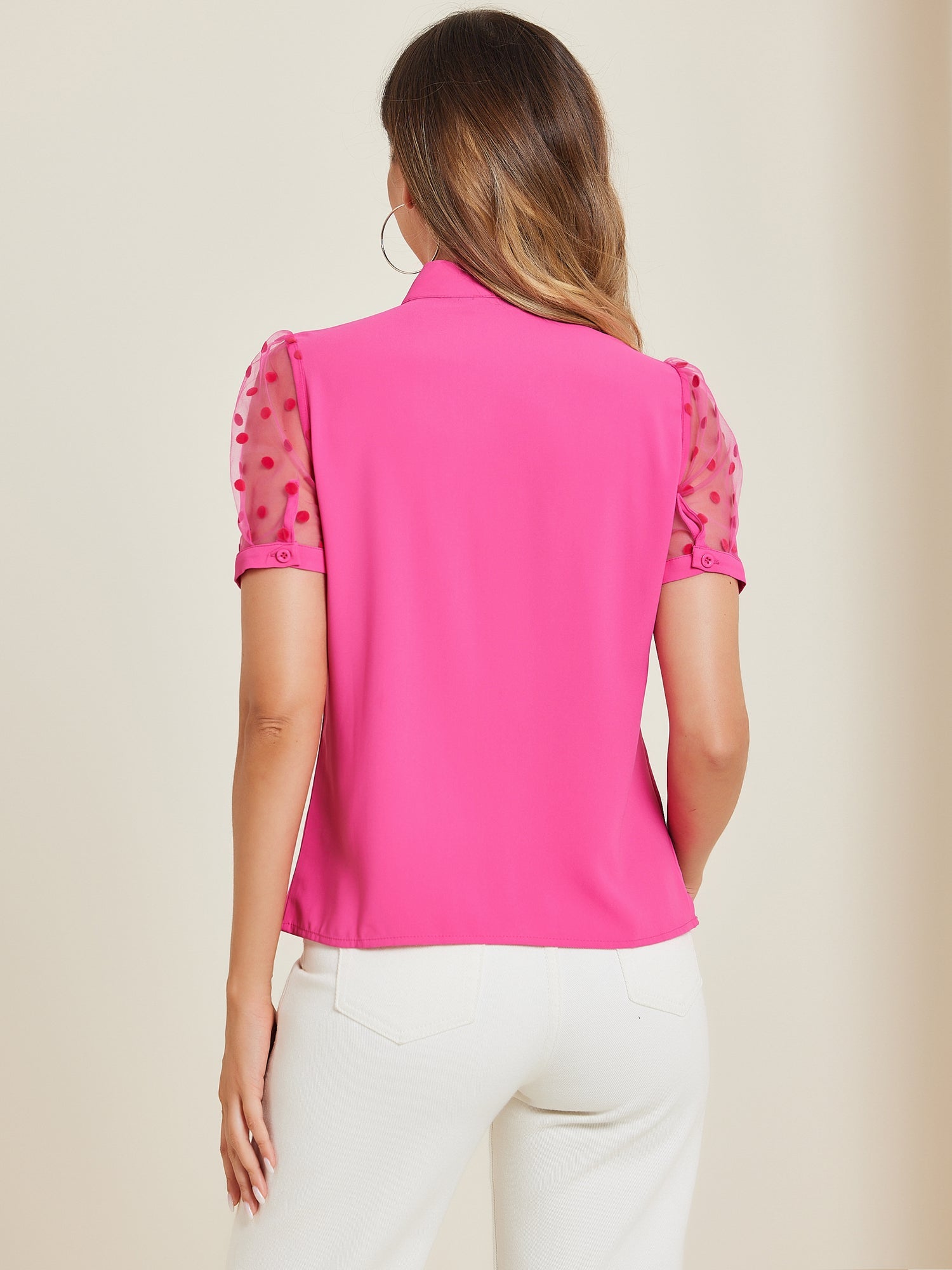 Bow Tie V Neck Stand Collar Short Mesh Sleeve Blouse