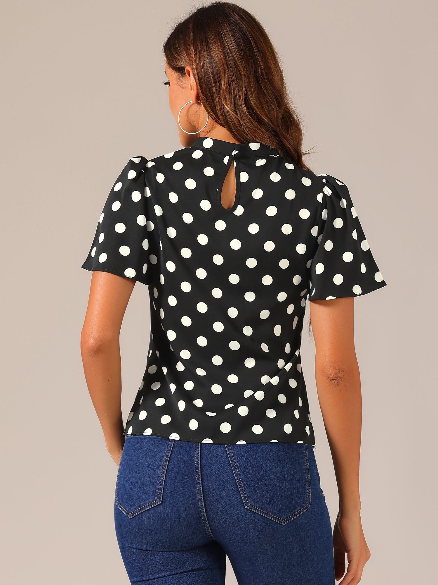 Polka Dots Stand Collar Pleat Keyhole Short Flare Sleeve Blouse