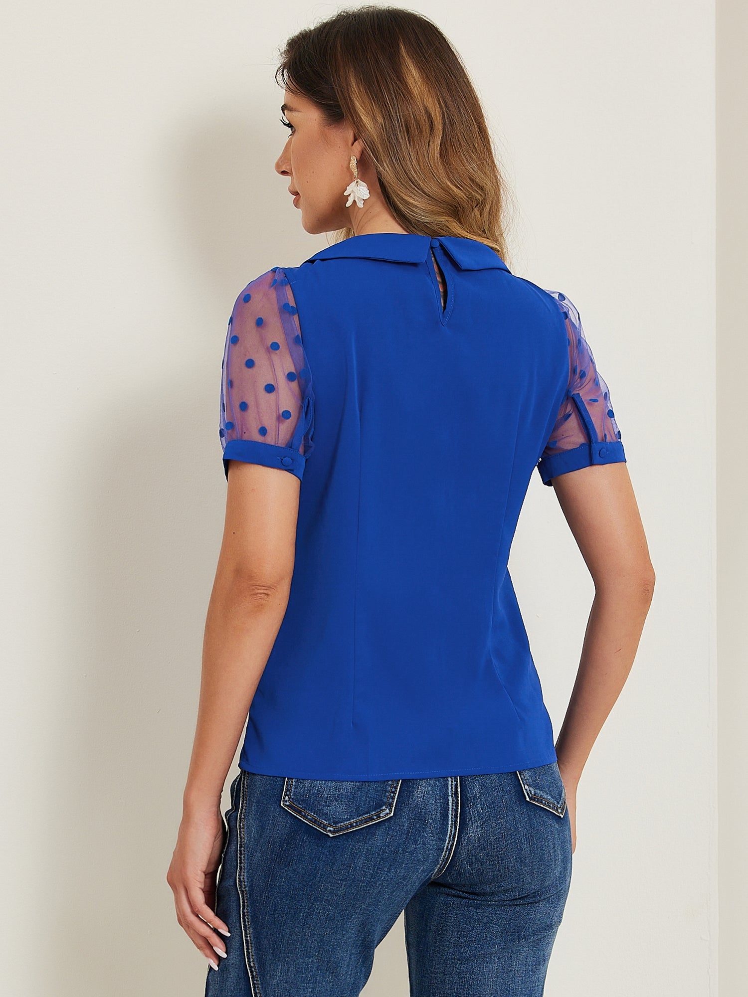 Peter Pan Collar Puff Mesh Short Sleeve Polka Dot Blouse