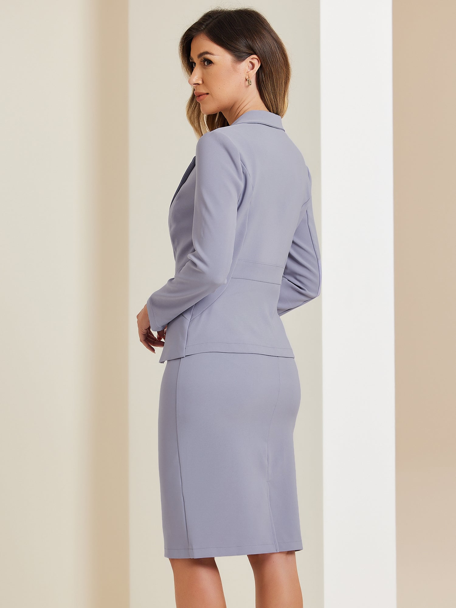 2 Pieces Long Sleeve Blazer & Pencil Skirt Suit Set
