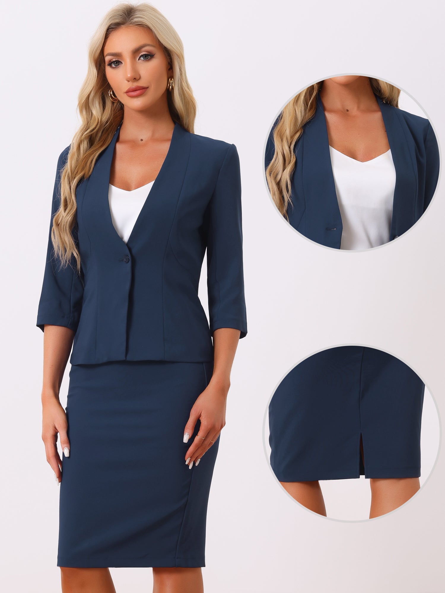 2 Pieces Collarless 3/4 Sleeves Blazer and Pencil Skirt Office Work Business Suit Set