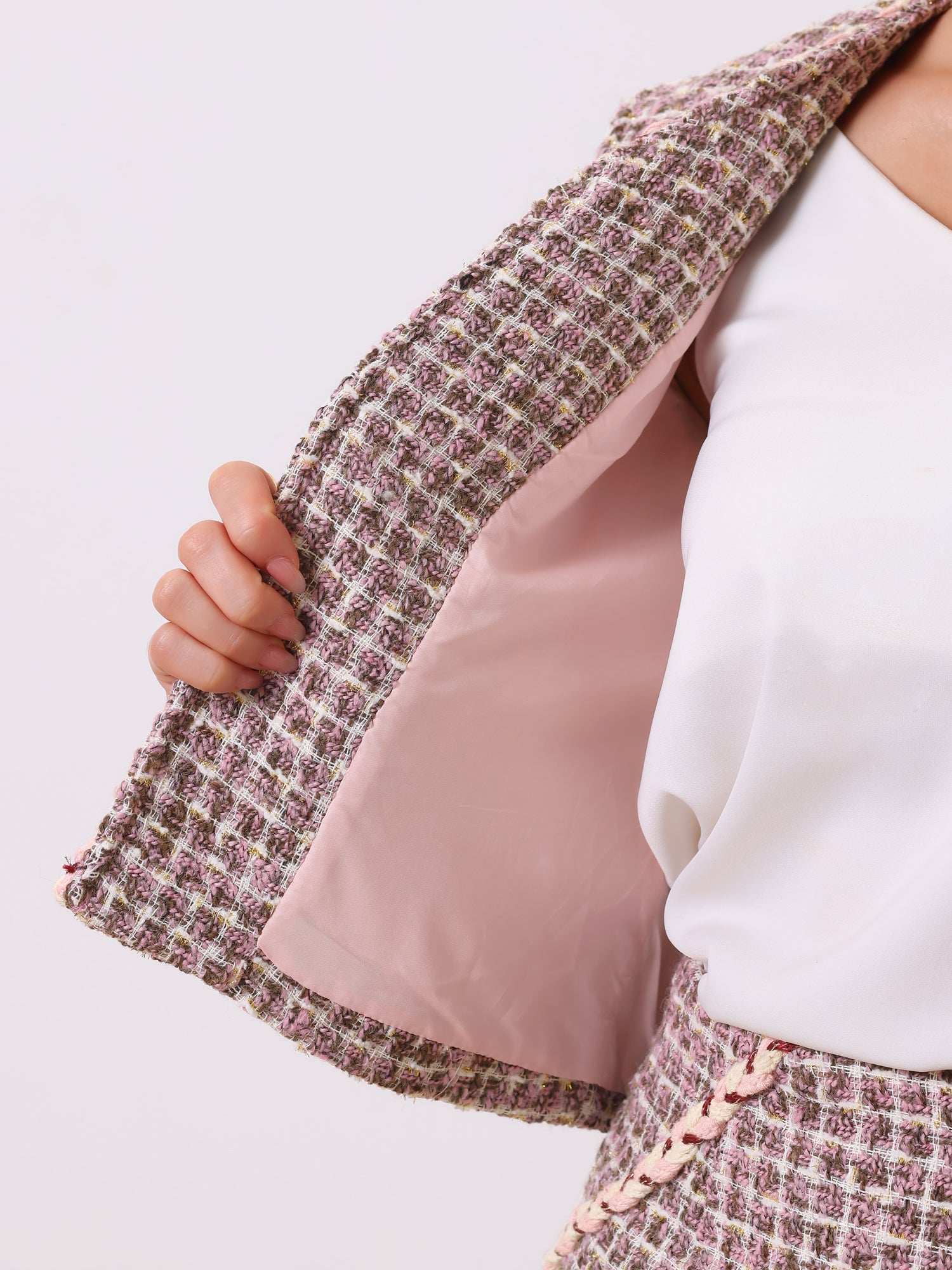 2PCS Plaid Tweed Open Front Cropped Blazer Jacket and Pencil Skirt Sets