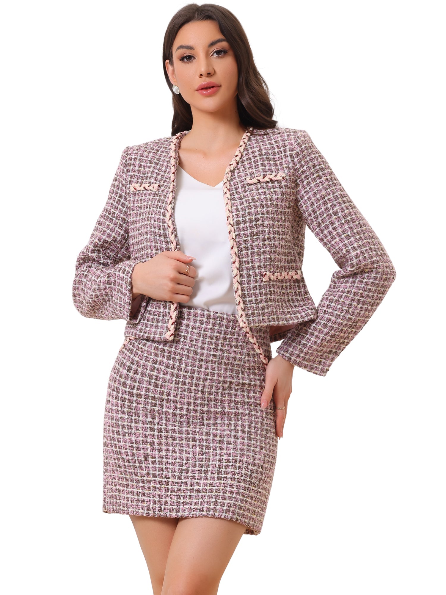 2PCS Plaid Tweed Open Front Cropped Blazer Jacket and Pencil Skirt Sets