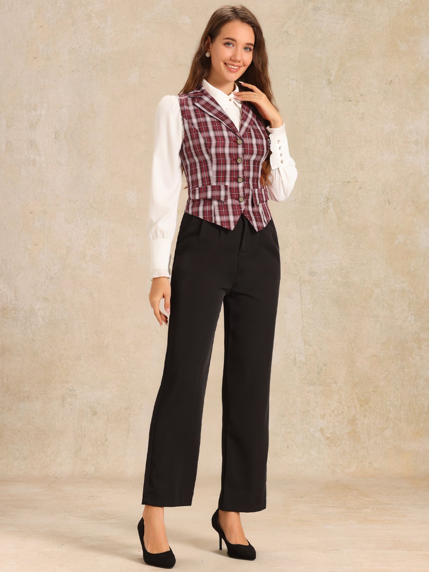 Plaid Waistcoat Notched Lapel Collar Single Breasted Vintage Vest