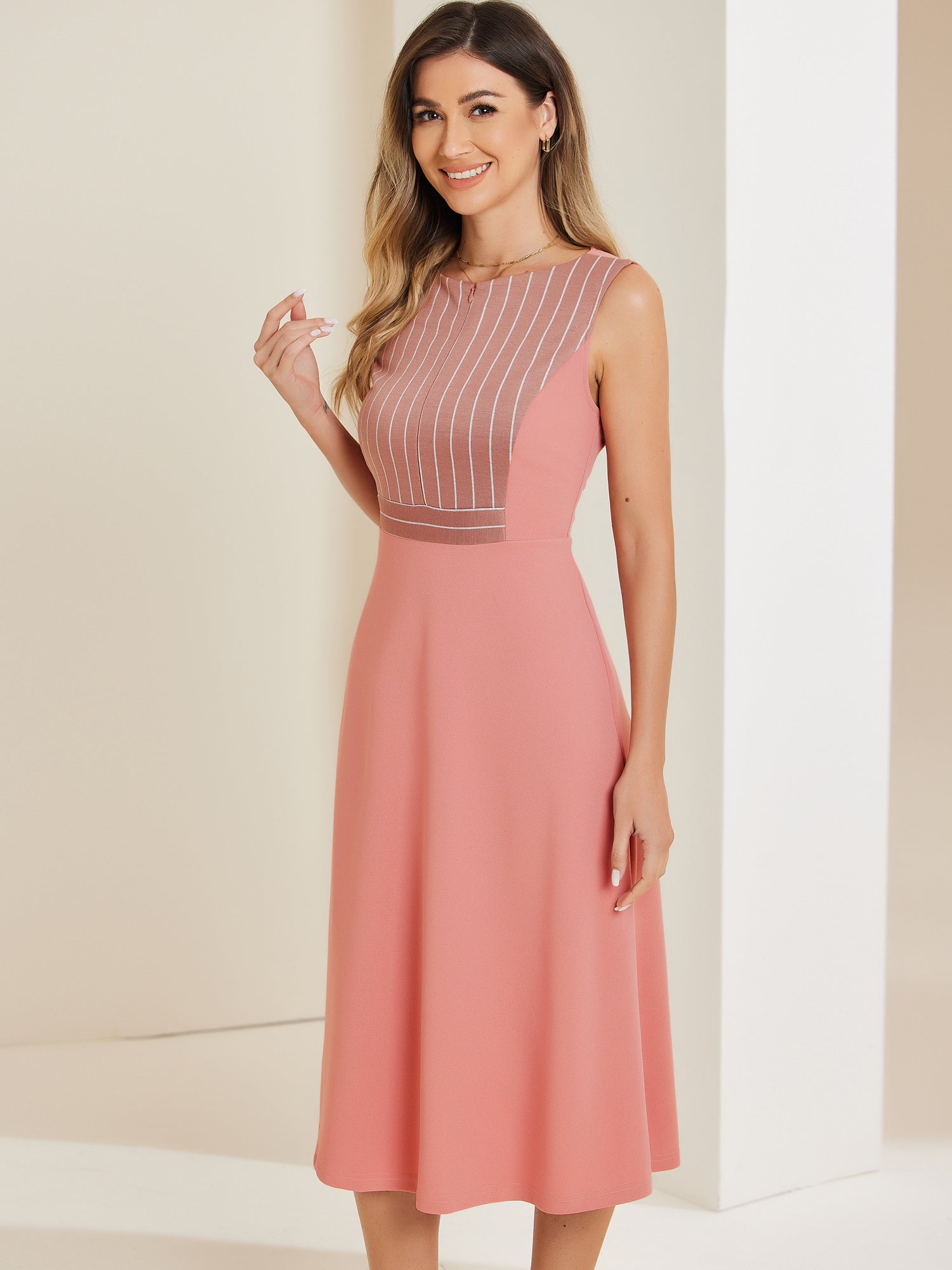 Striped Crew Neck Sleeveless A-Line Midi Work Office Dress