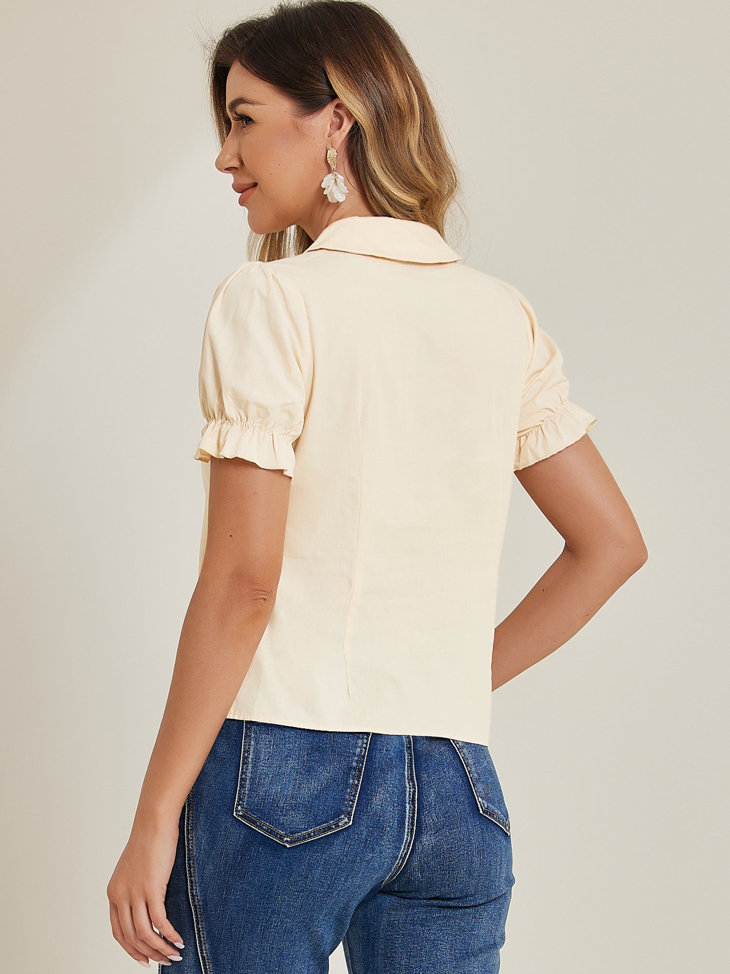 Peter Pan Collar Tie Neck Casual Cute Cotton Button-Up Shirt
