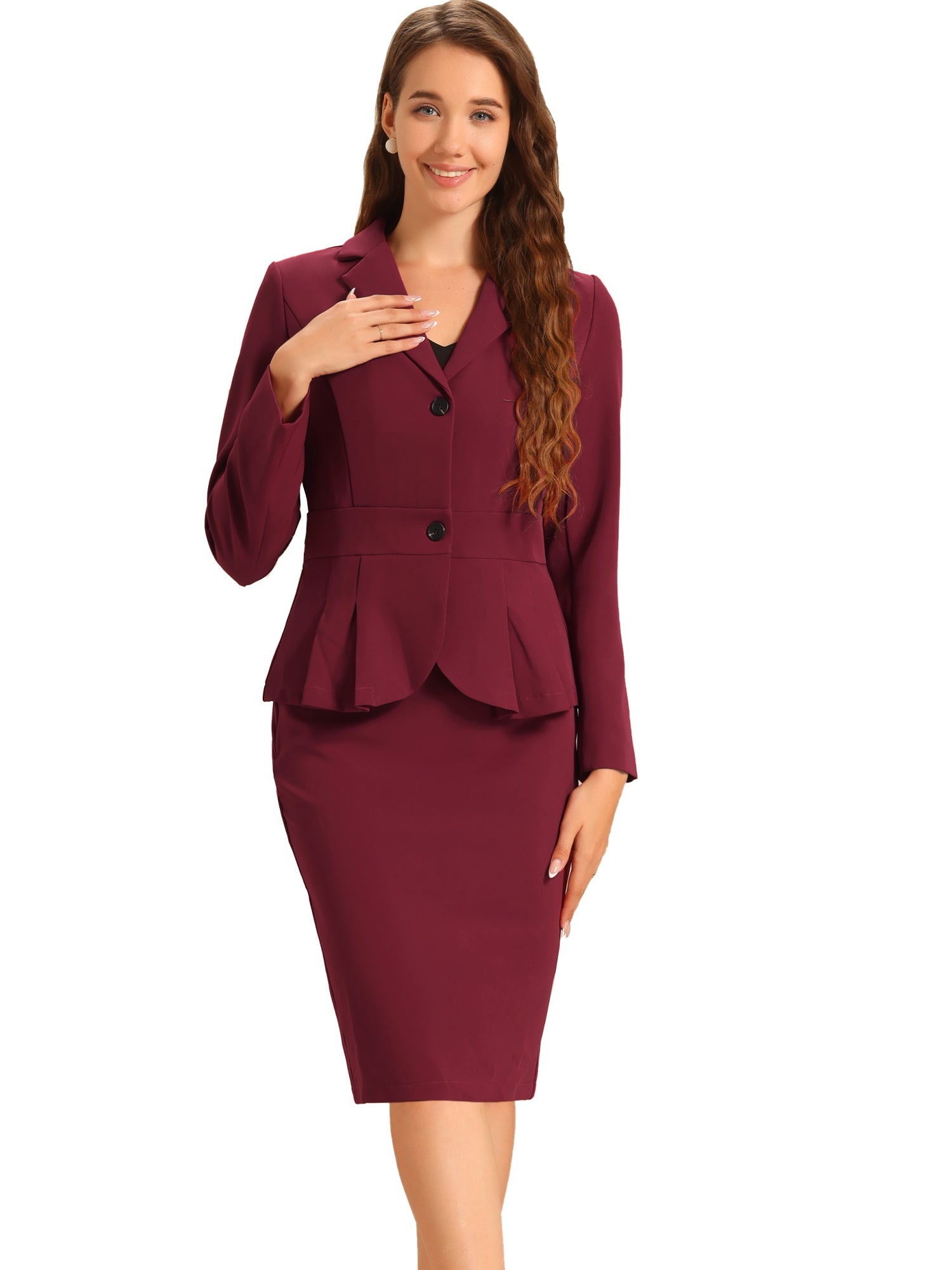 2 Piece Long Sleeve Notched Lapel Peplum Blazer Pencil Skirt Suit Set