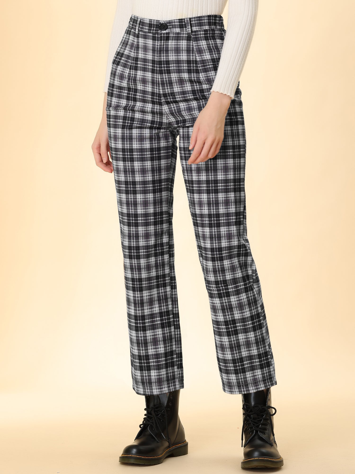 Plaid Cropped Trousers Button Casual Tartan Check Work Pants