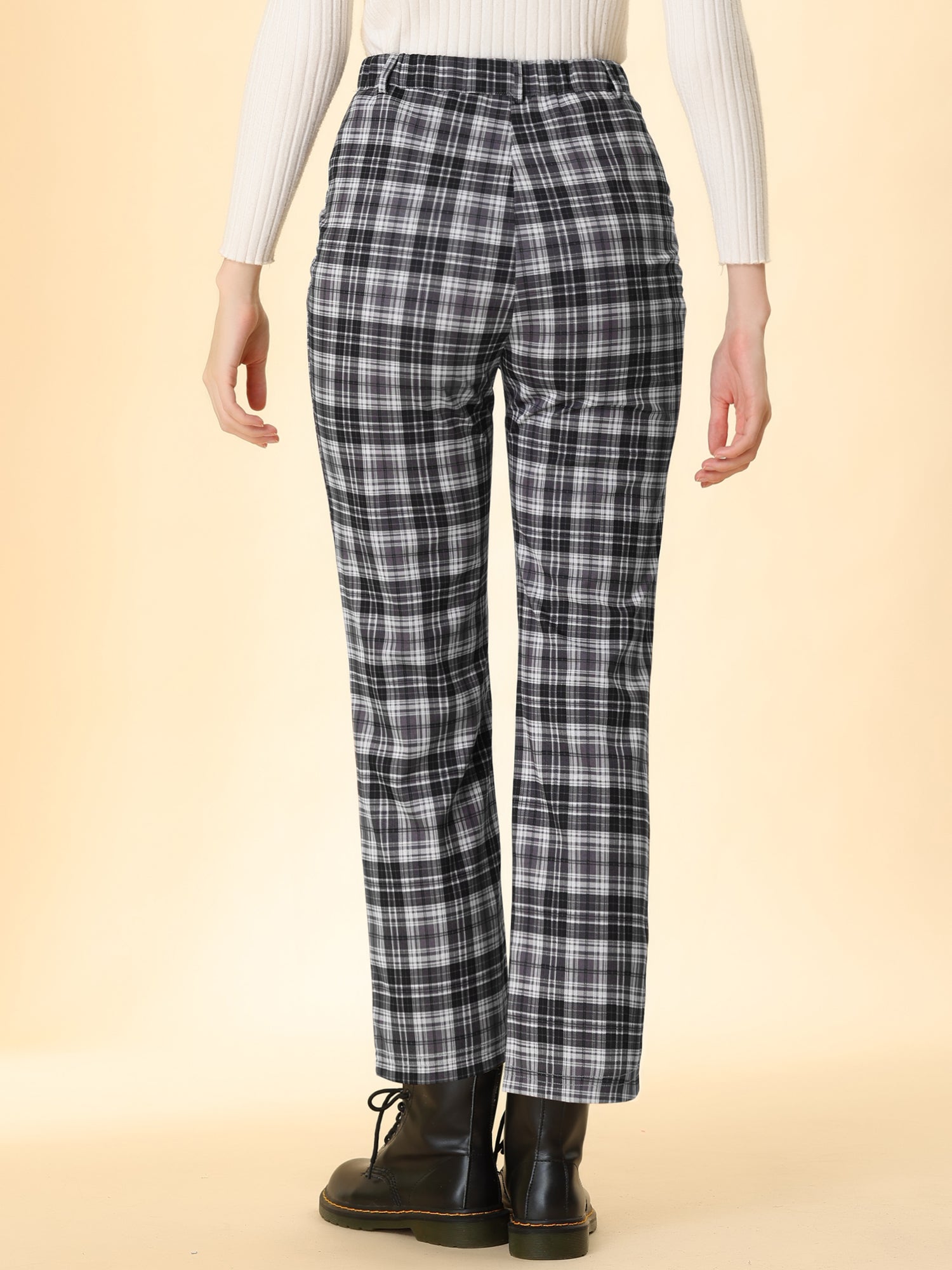 Plaid Cropped Trousers Button Casual Tartan Check Work Pants