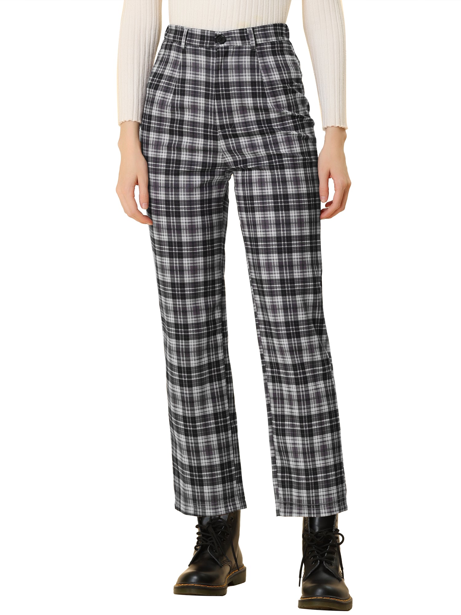 Plaid Cropped Trousers Button Casual Tartan Check Work Pants