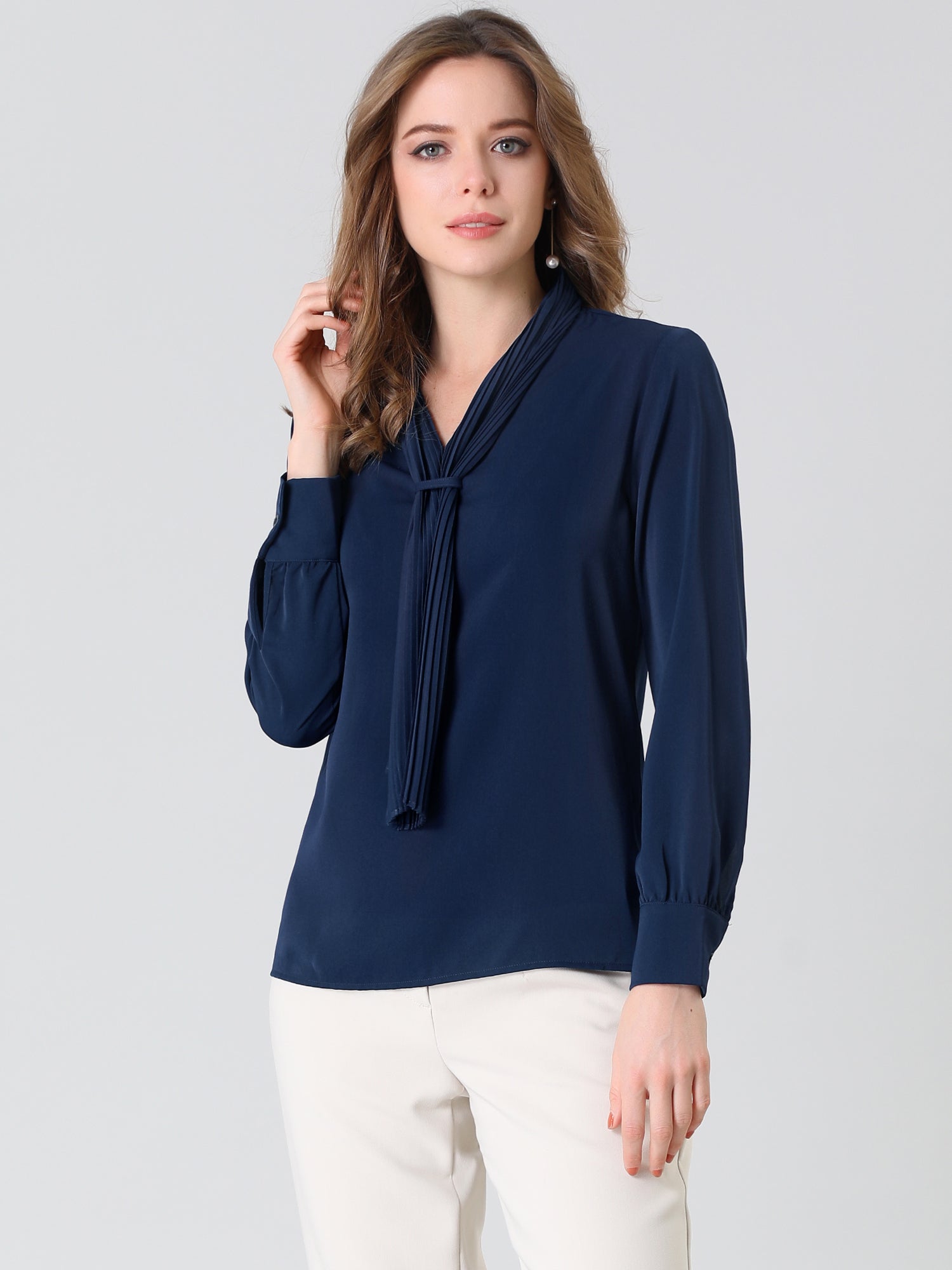 Long Sleeve Chiffon Pleated Tie Neck Office Blouse