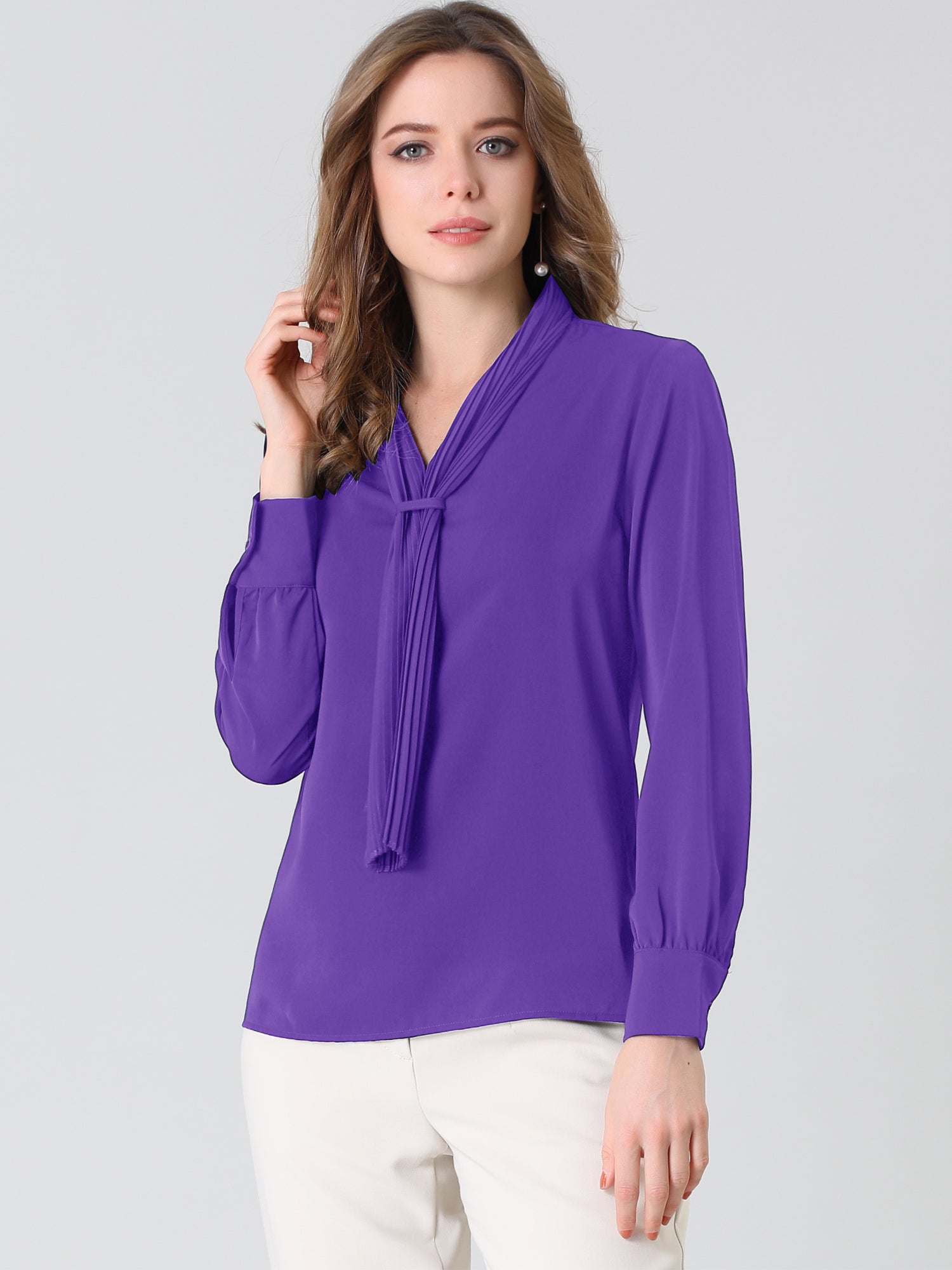 Long Sleeve Chiffon Pleated Tie Neck Office Blouse