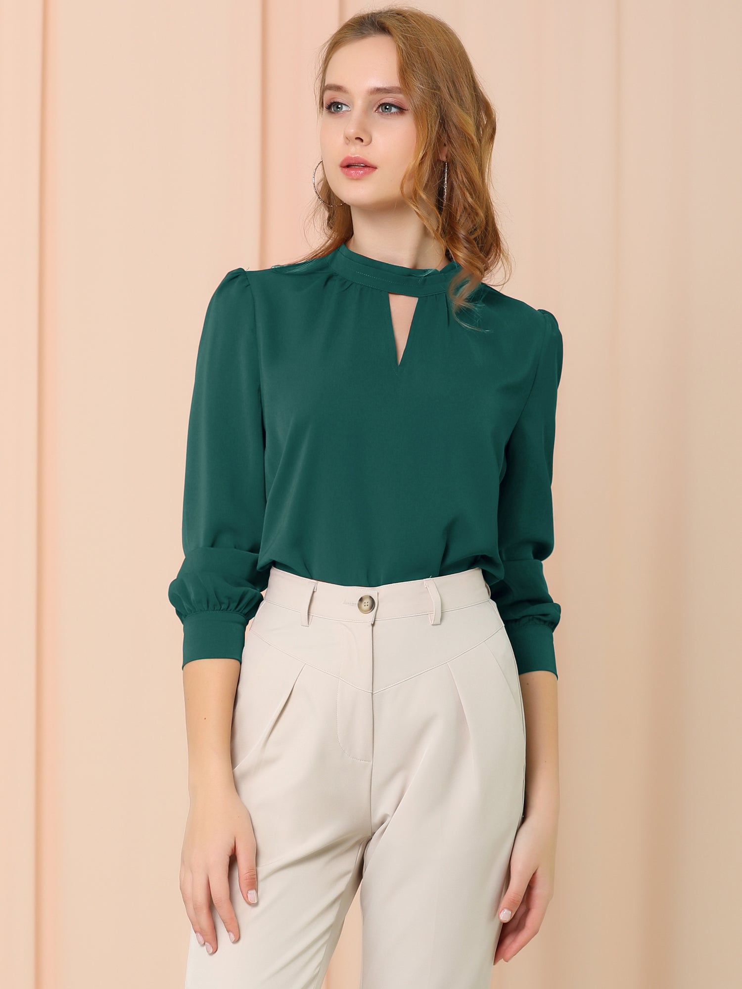 Keyhole Elegant Stand Collar Long Sleeve Chiffon Office Blouse