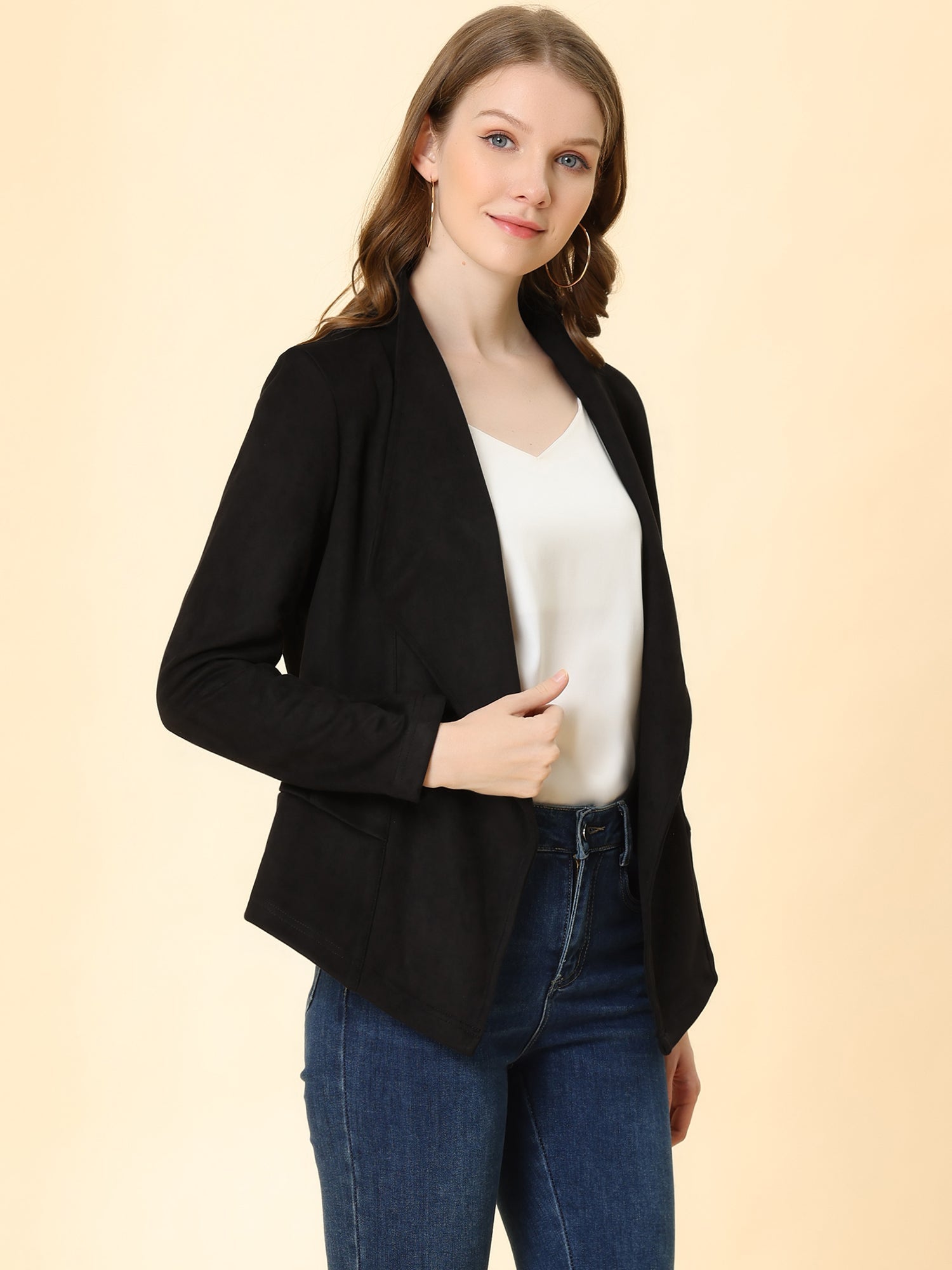 Faux Suede Jacket Open Front Lapel Draped Outwear Cardigan
