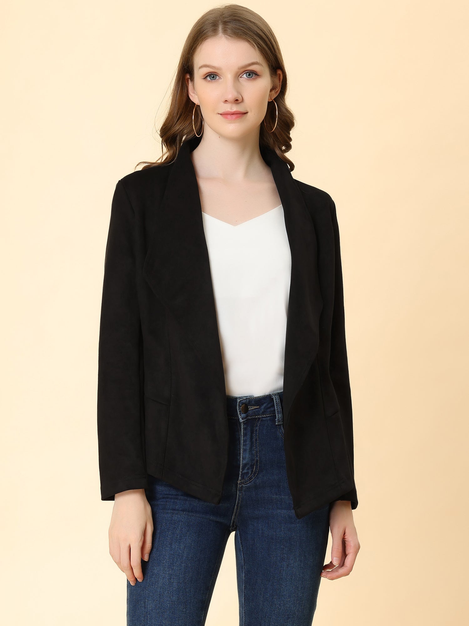 Faux Suede Jacket Open Front Lapel Draped Outwear Cardigan