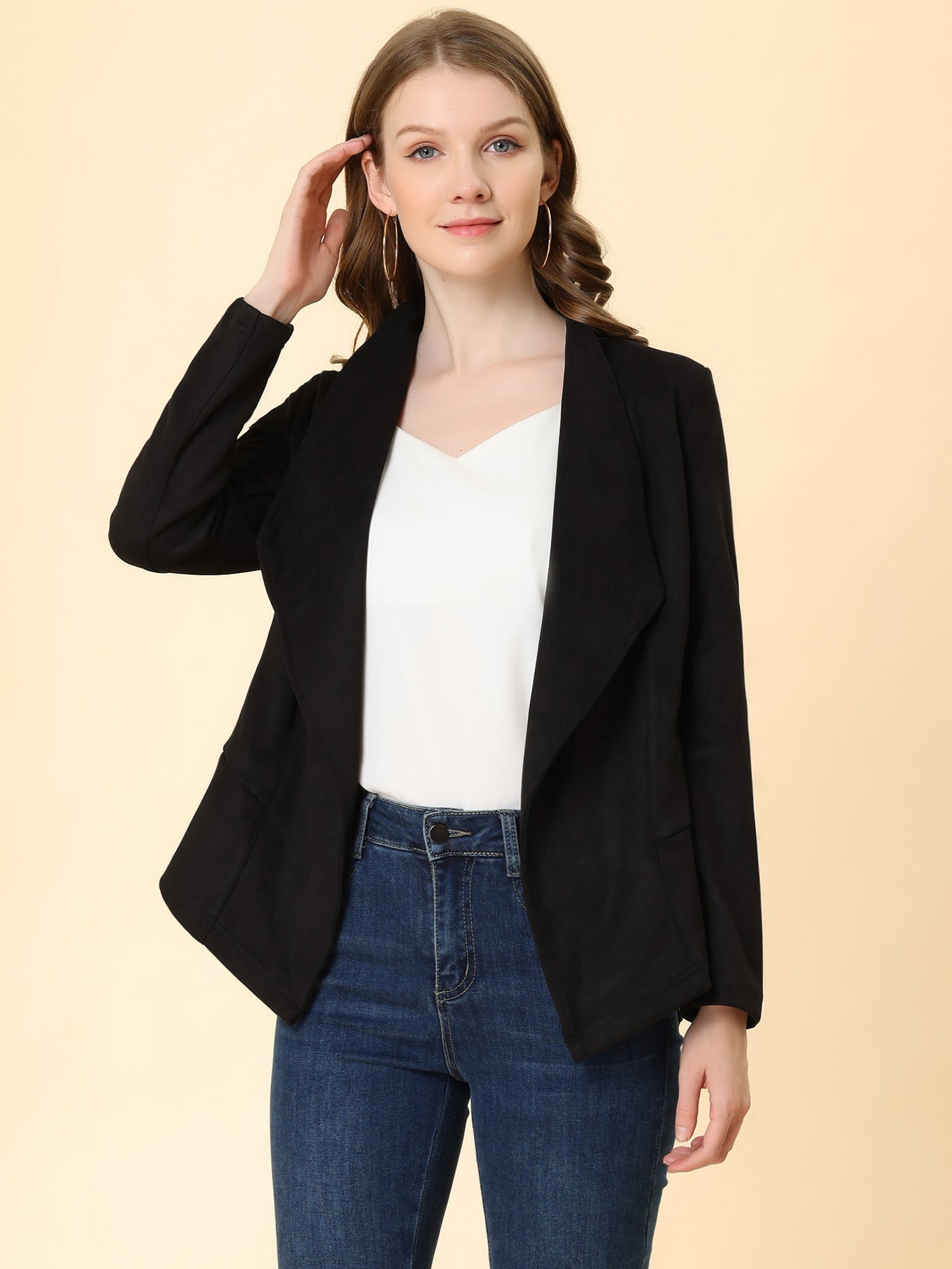 Faux Suede Jacket Open Front Lapel Draped Outwear Cardigan
