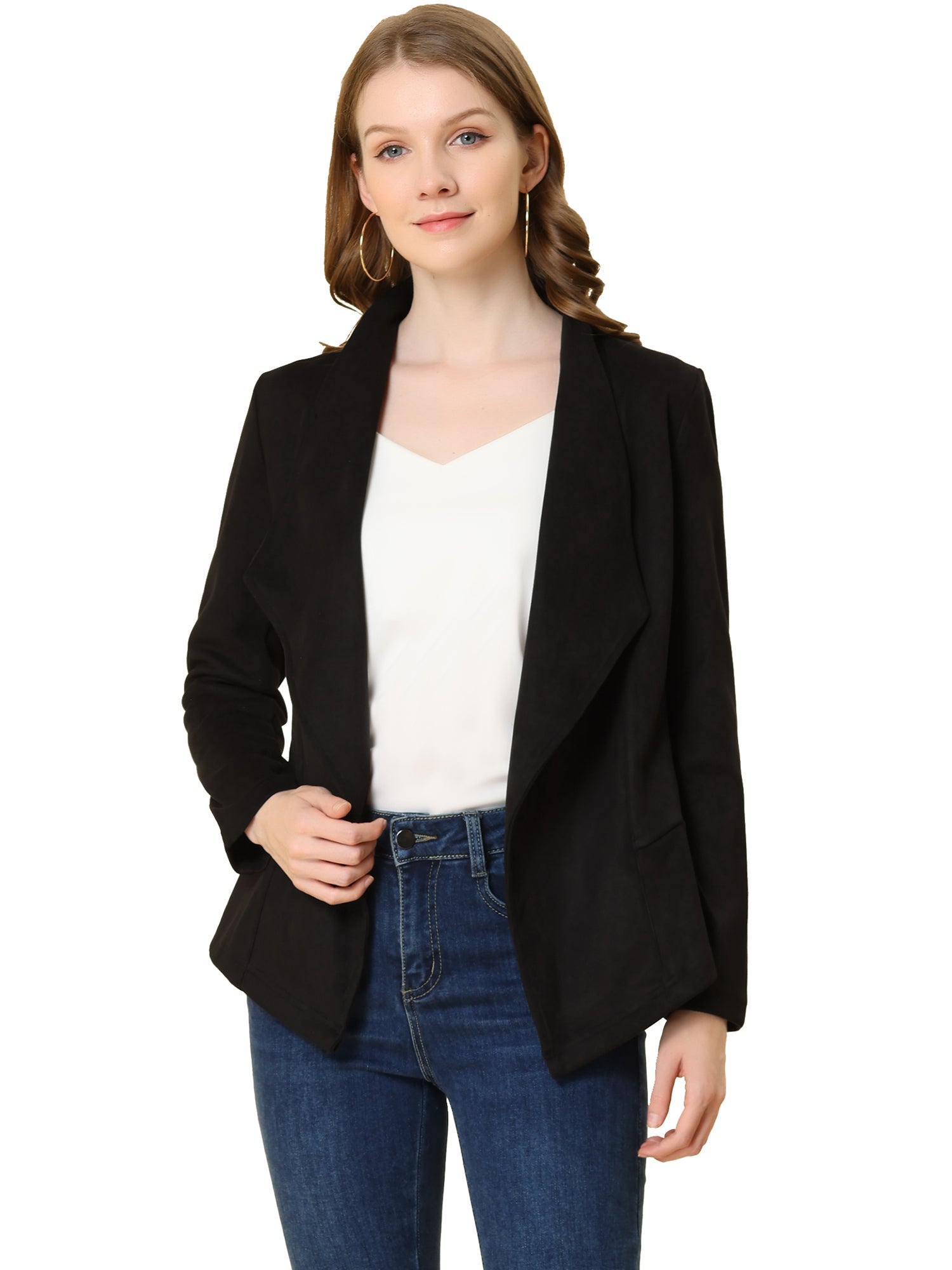 Faux Suede Jacket Open Front Lapel Draped Outwear Cardigan
