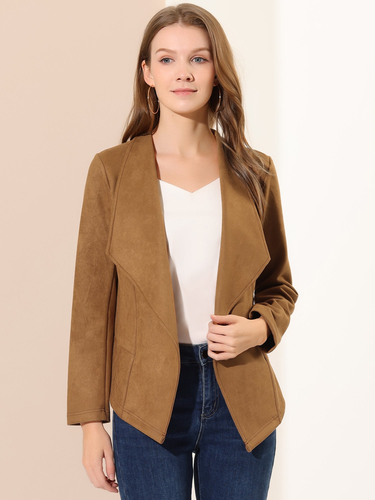 Faux Suede Jacket Open Front Lapel Draped Outwear Cardigan