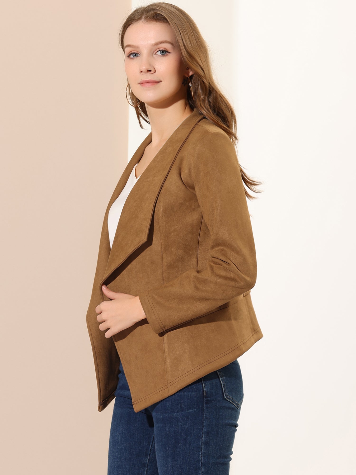 Faux Suede Jacket Open Front Lapel Draped Outwear Cardigan