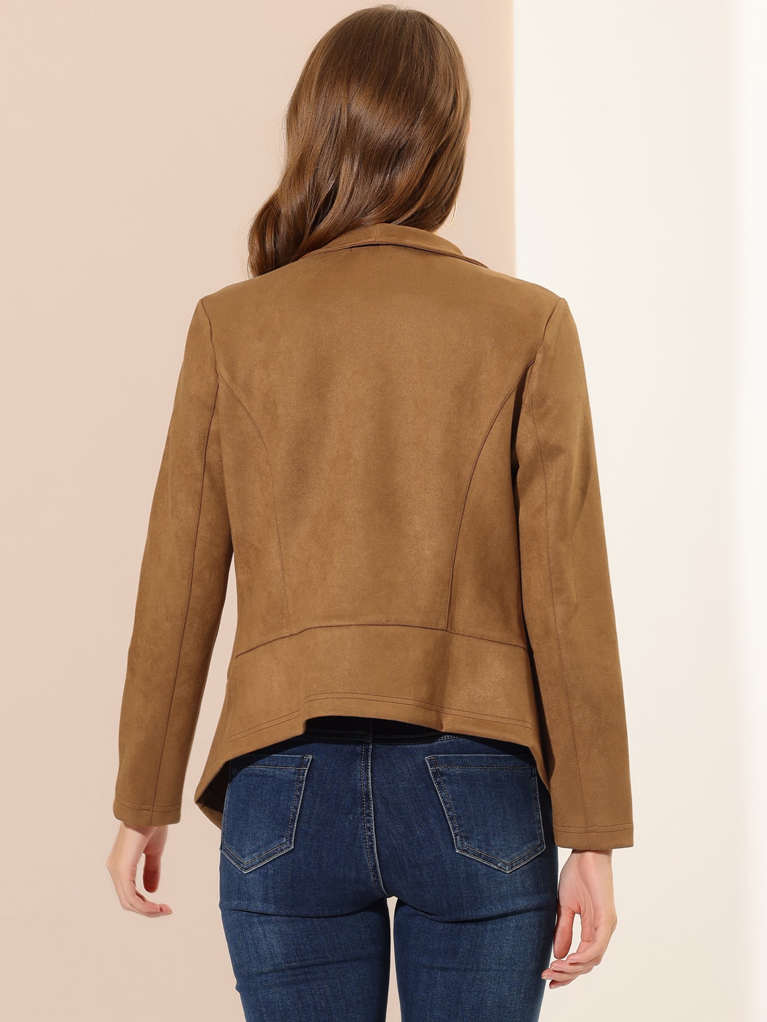 Faux Suede Jacket Open Front Lapel Draped Outwear Cardigan