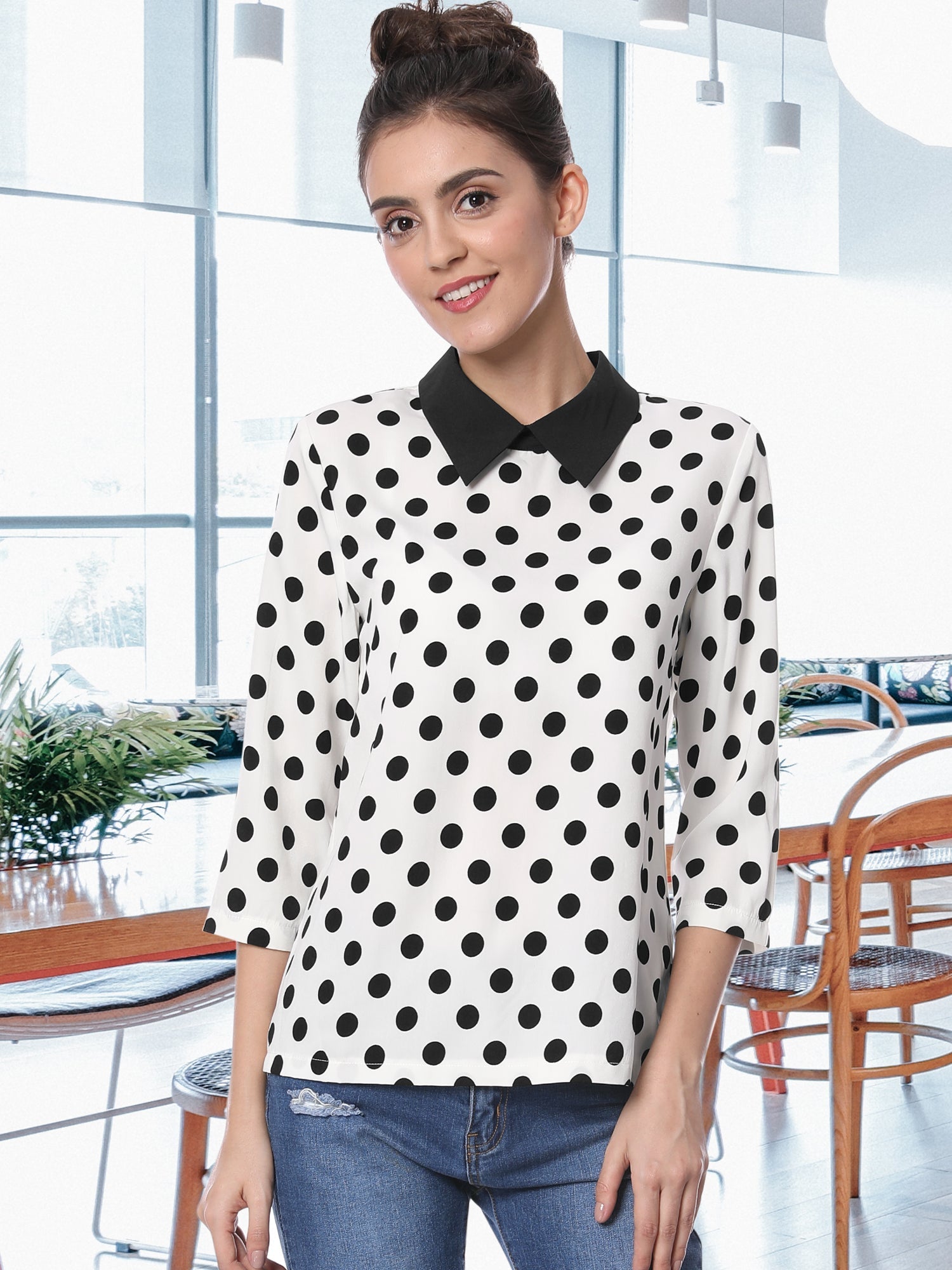 Polka Dots Contrast Peter Pan Collar Top 3/4 Sleeve Blouse Shirt