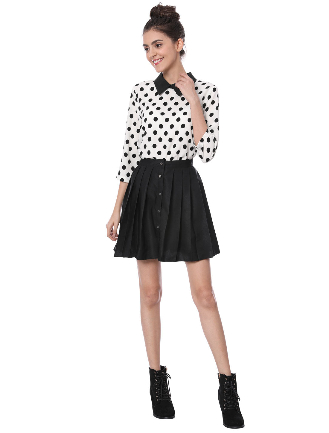 Polka Dots Contrast Peter Pan Collar Top 3/4 Sleeve Blouse Shirt