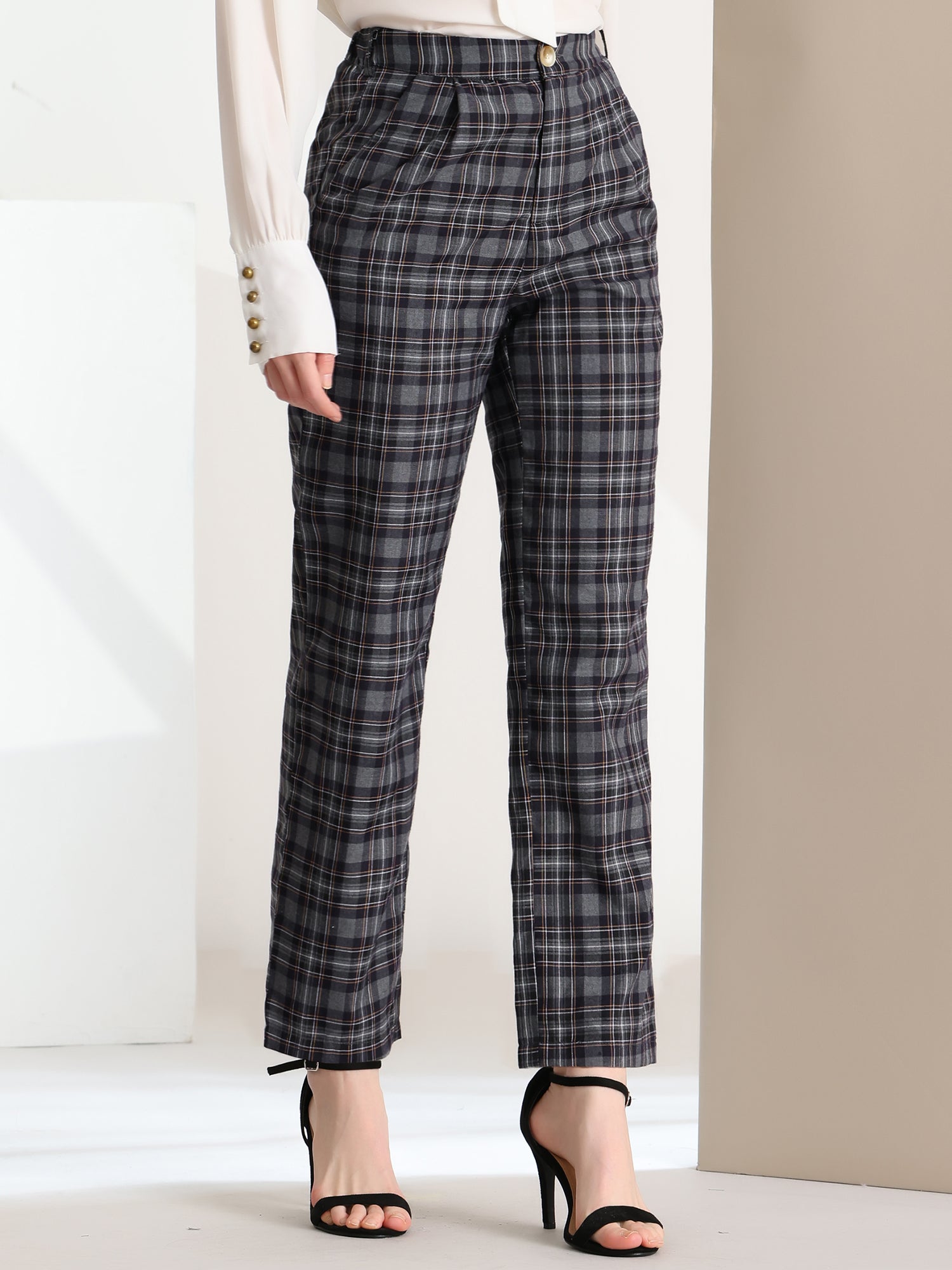 Plaid Elastic Waist Casual Work Office Long Pants