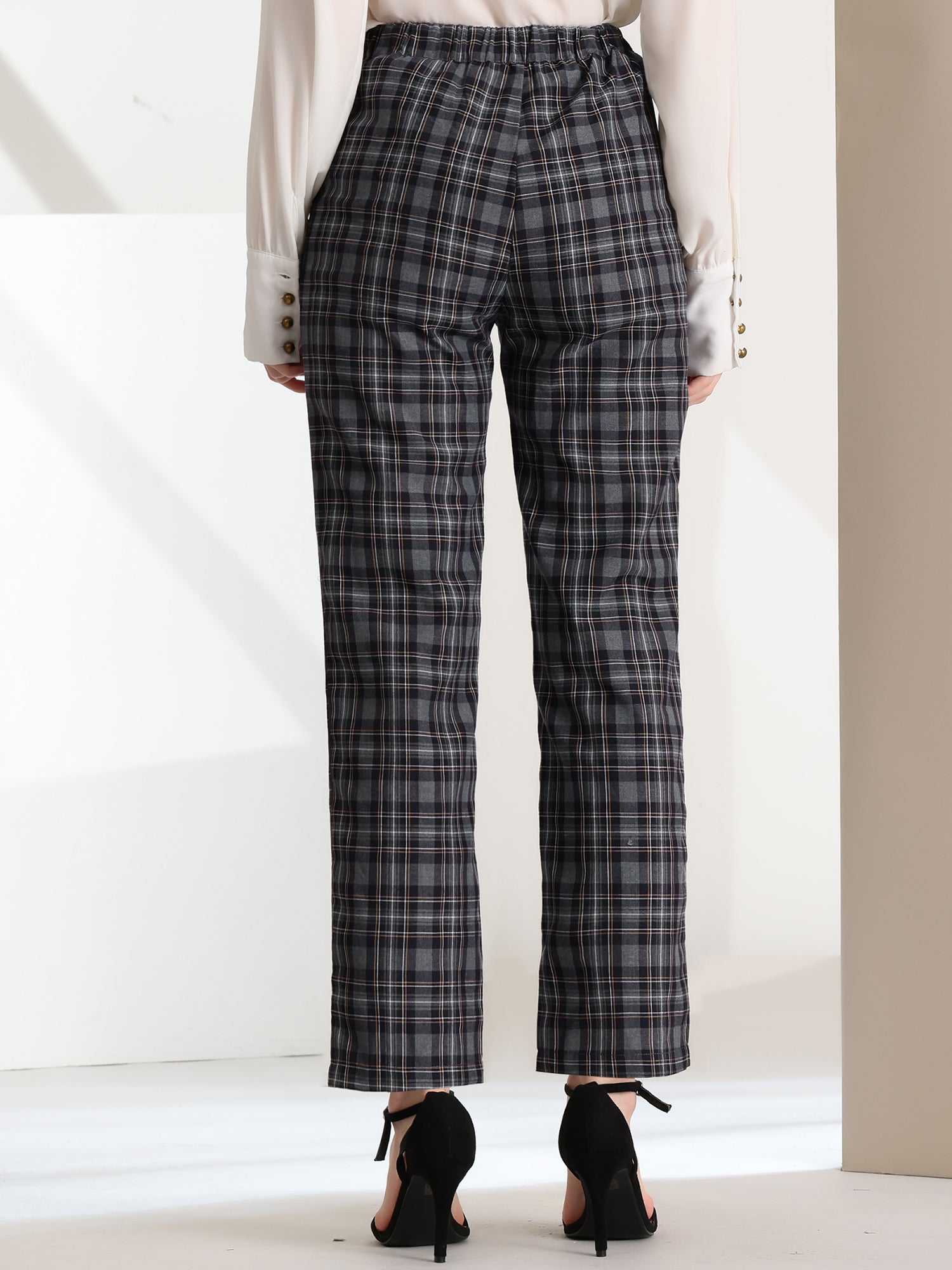 Plaid Elastic Waist Casual Work Office Long Pants