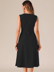 Notch Neck Pocketed Work Office A-Line Midi Dress
