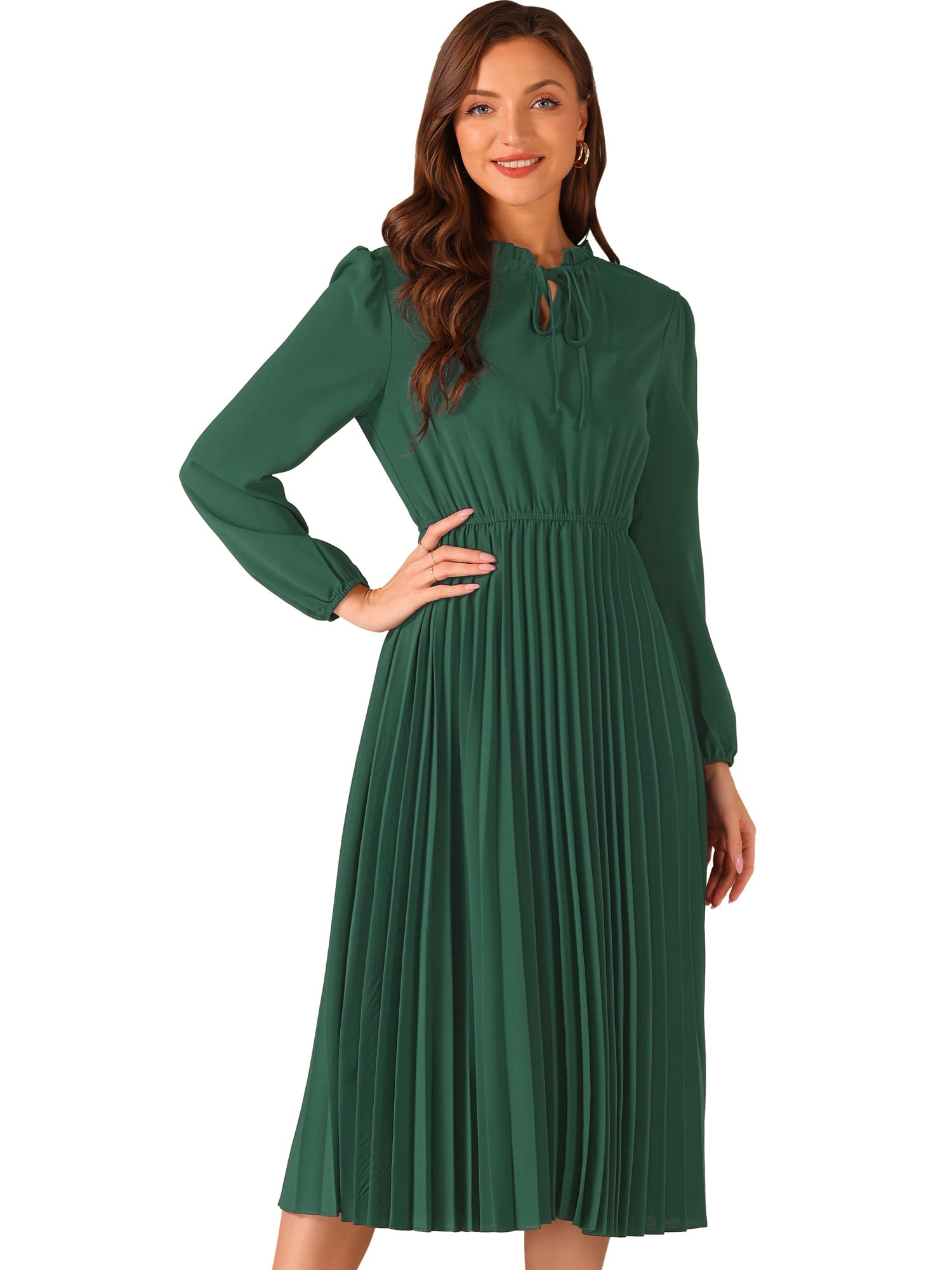 A-Line Flowy Long Sleeve Tie V Neck Pleated Midi Dress