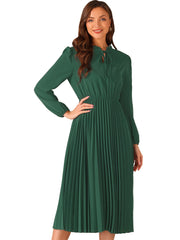 A-Line Flowy Long Sleeve Tie V Neck Pleated Midi Dress