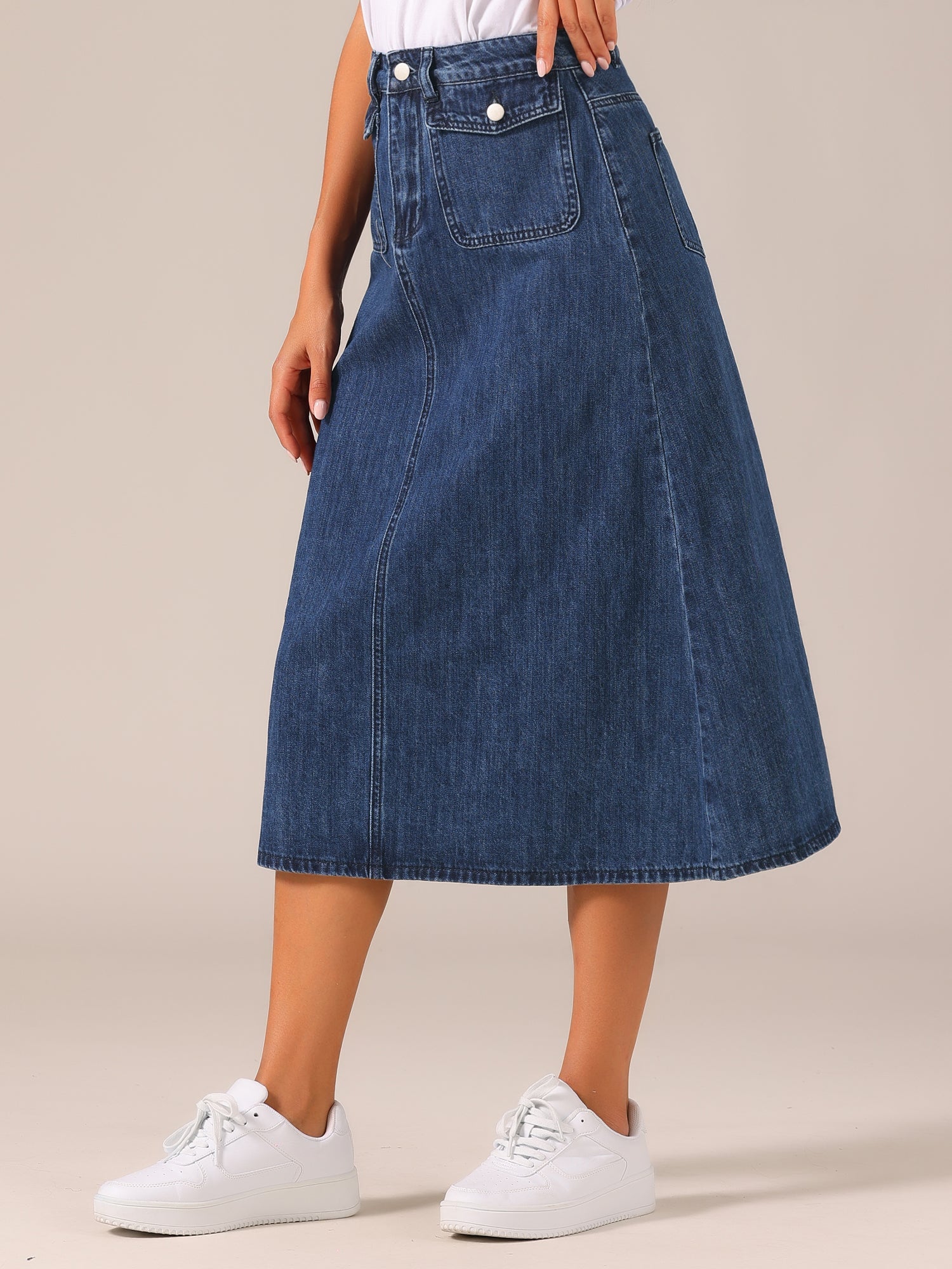 Casual High Waisted Flap Pocket A-Line Long Denim Jean Skirt