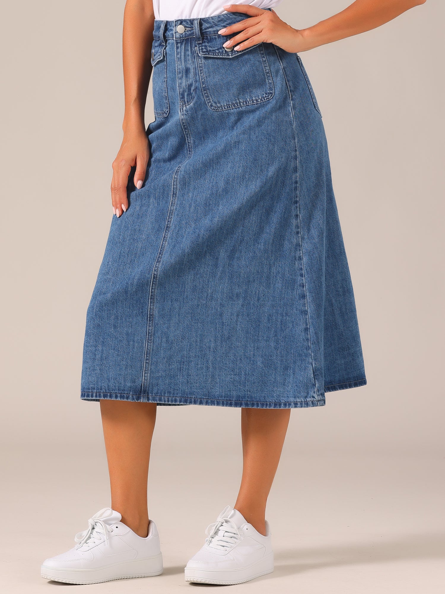Casual High Waisted Flap Pocket A-Line Long Denim Jean Skirt