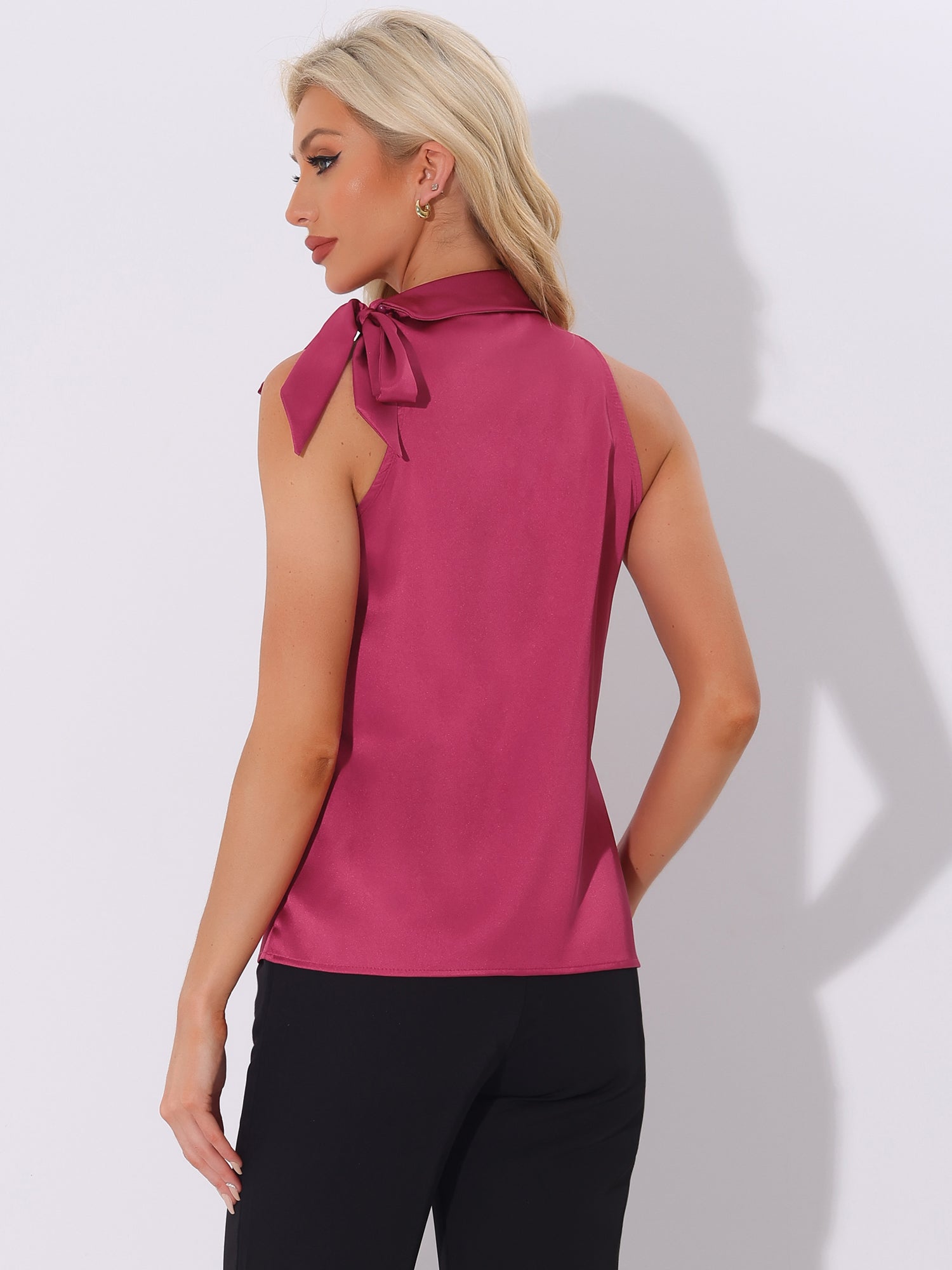 Elegant Satin Sleeveless Tie Knot Mock Neck Solid Work Blouse Top