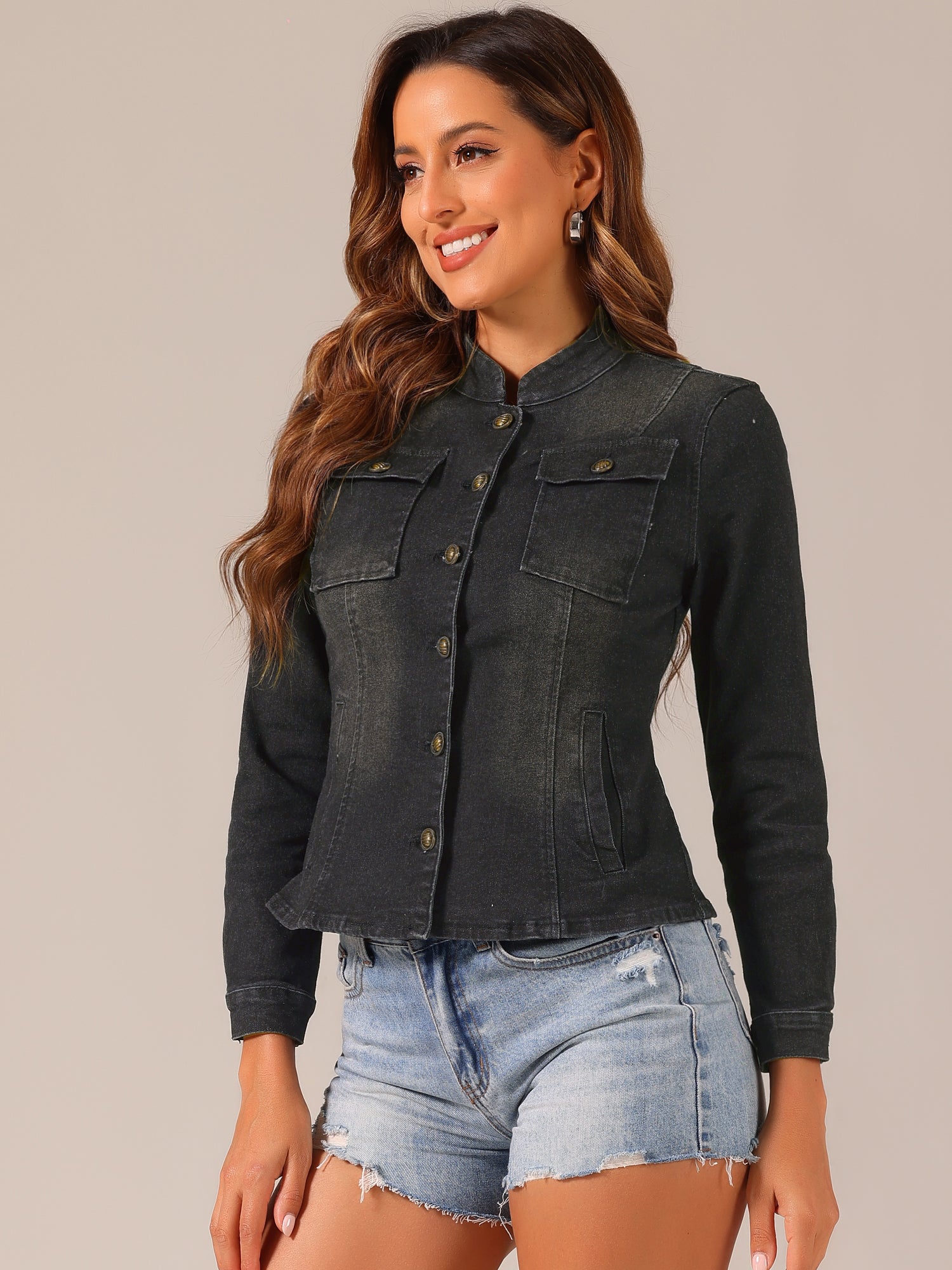 Casual Denim Classic Stand Collar Long Sleeve Jean Jacket
